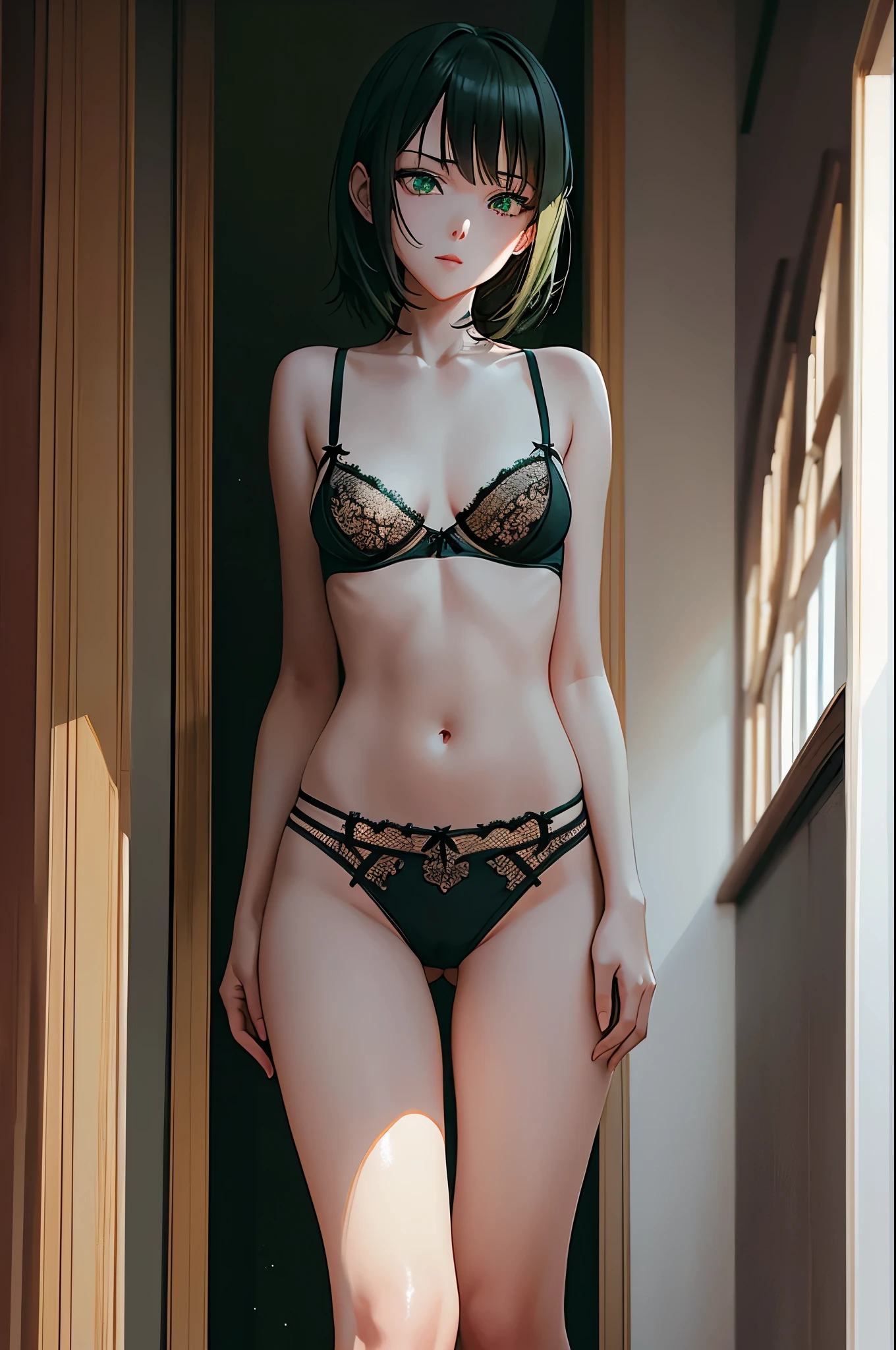 a sexy woman, (best quality), (masterpiece), (1girl), slim, anime, tall, (lingerie), (view from below), (green eyes), (flat chested)