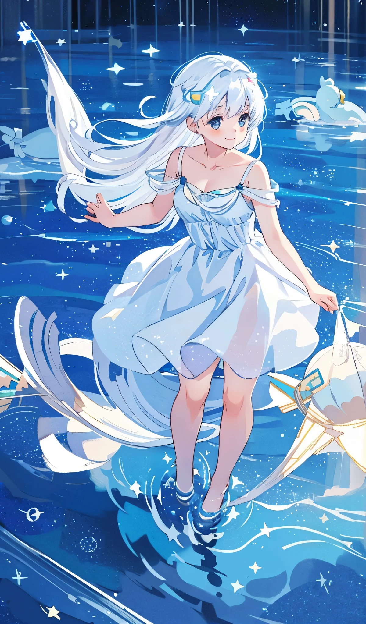an ocean of stars, night sky, colorful, ethereal, charming girl in a white sheer babydoll dress, white hair, walking on the water, Her smile was filled with tenderness and joy, giant crescent white moon dipping into the water in the background, (((((((stars))))))