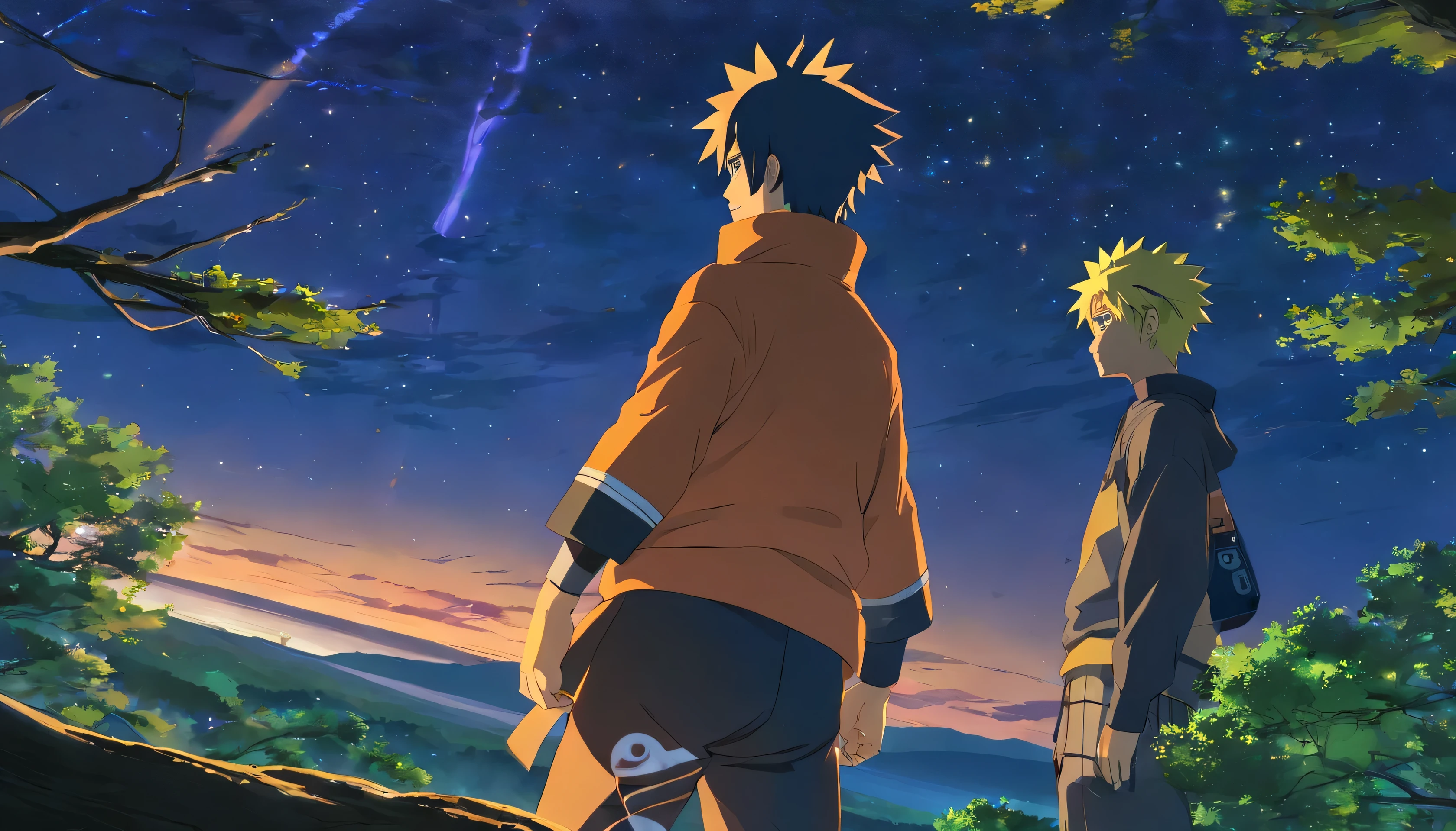 Naruto, Masculino, anime, roupas laranjas, on top of a tree, looking at the starry sky of Konoha,