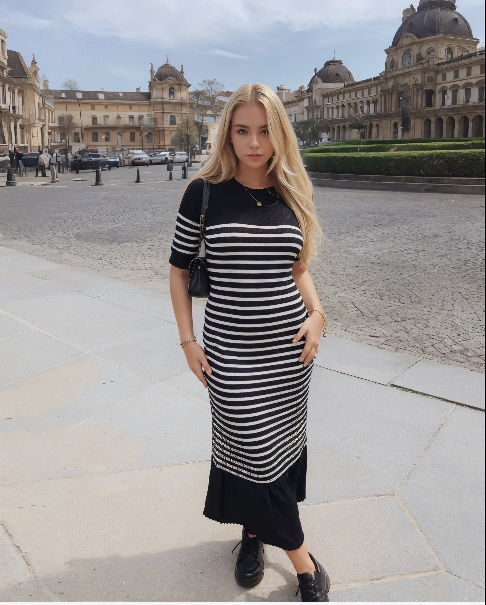 Make blonde Amanda this same pose wearing an identical outfit in an identical setting, cabelo loiro