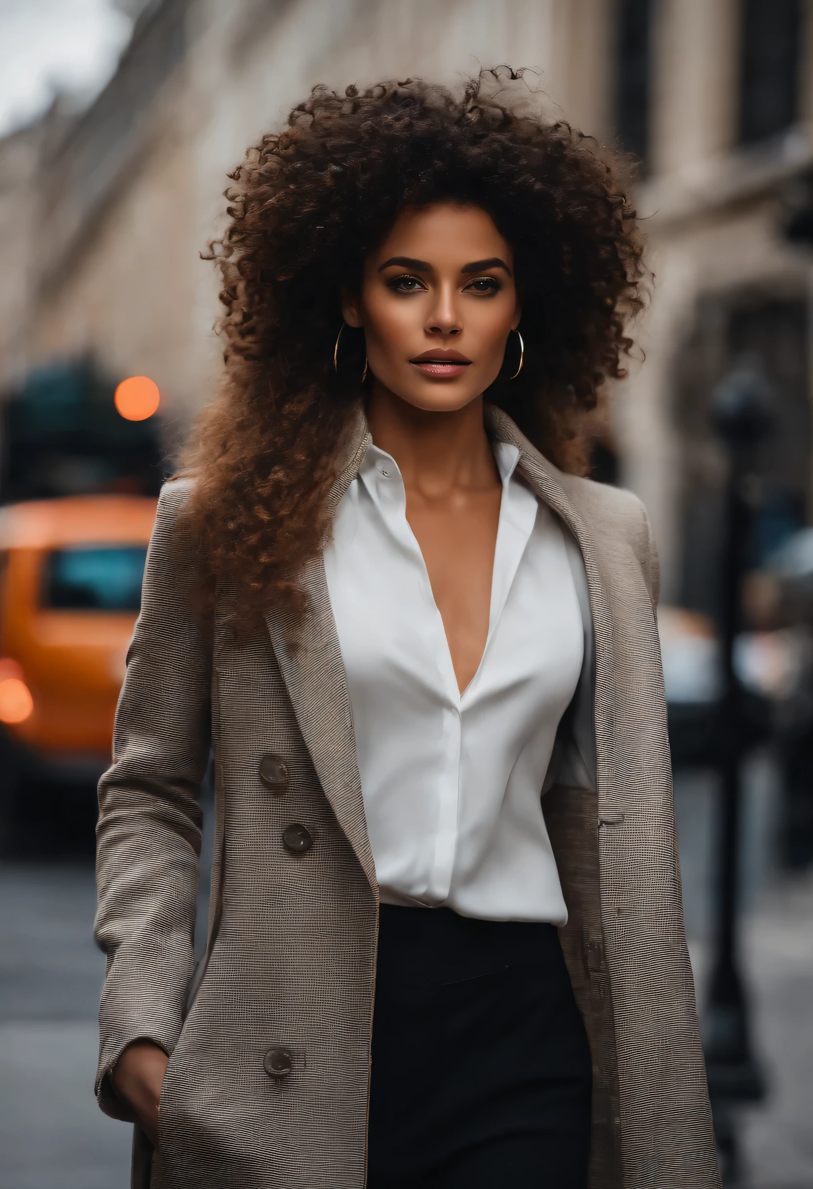 (obra de arte, Melhor qualidade), linda mulher, Top detalhado com gola alta sem mangas, pants, Mineiro, cabelo encaracolado, rosto perfeito, rosto bonito, Atraente, grandes olhos lindos, boca aberta, contente, Corpo perfeito e justo, (ar livre), Ruas da cidade, Nova Iorque, cores brilhantes