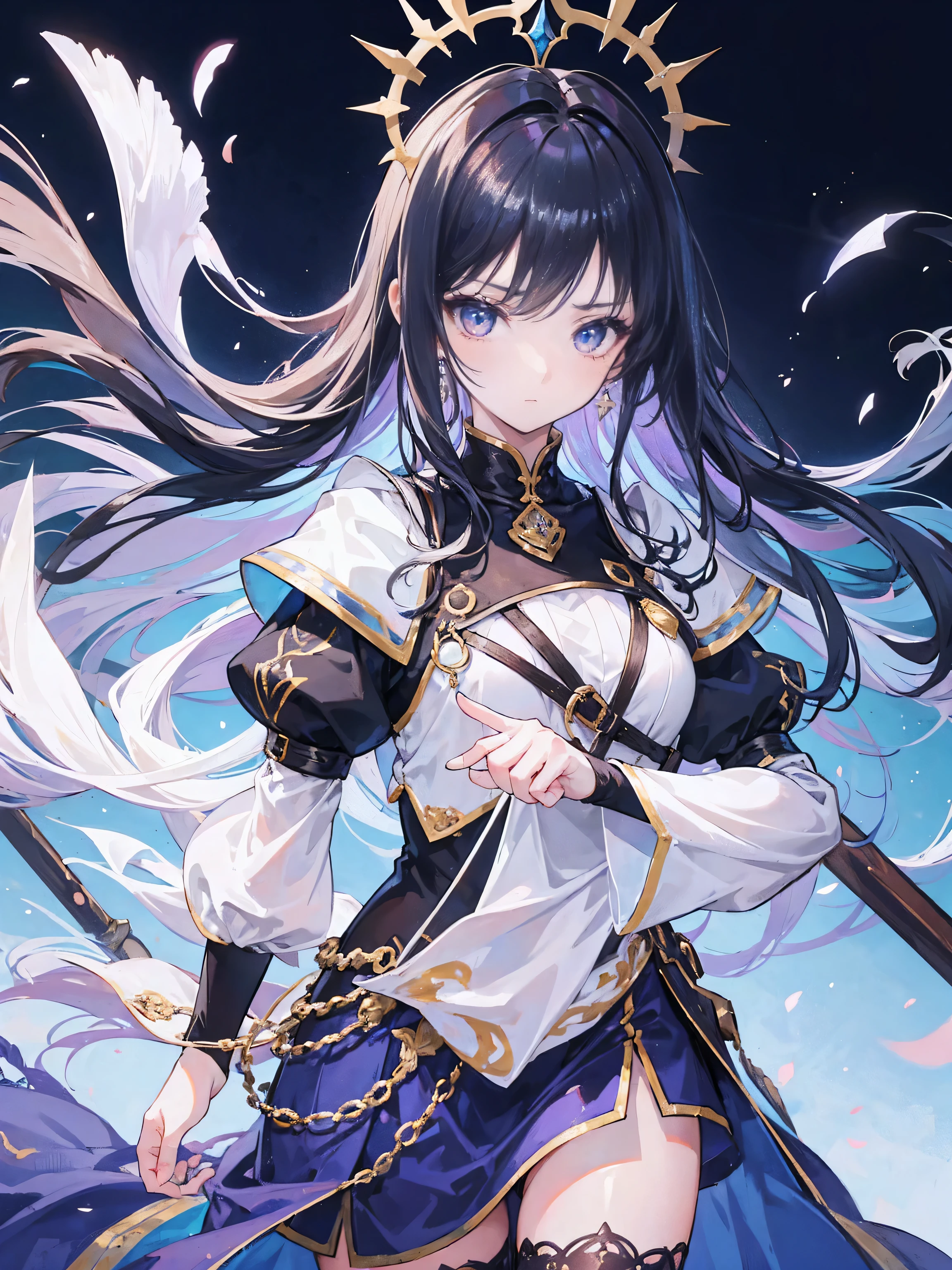 (1girl:1), (whitespace:1), (highly detailed face:1), (colorful background:1), (highly detailed eyes:1), (clear eyes:1), (dramatic lighting:1), (action shot:1), (medium shot:1), (wind lift:1), (fantasy:1), (detailed clothes:1), (messy hair:1), (goddess:1), (shy:1), (black thigh highs:1), (medieval:1),