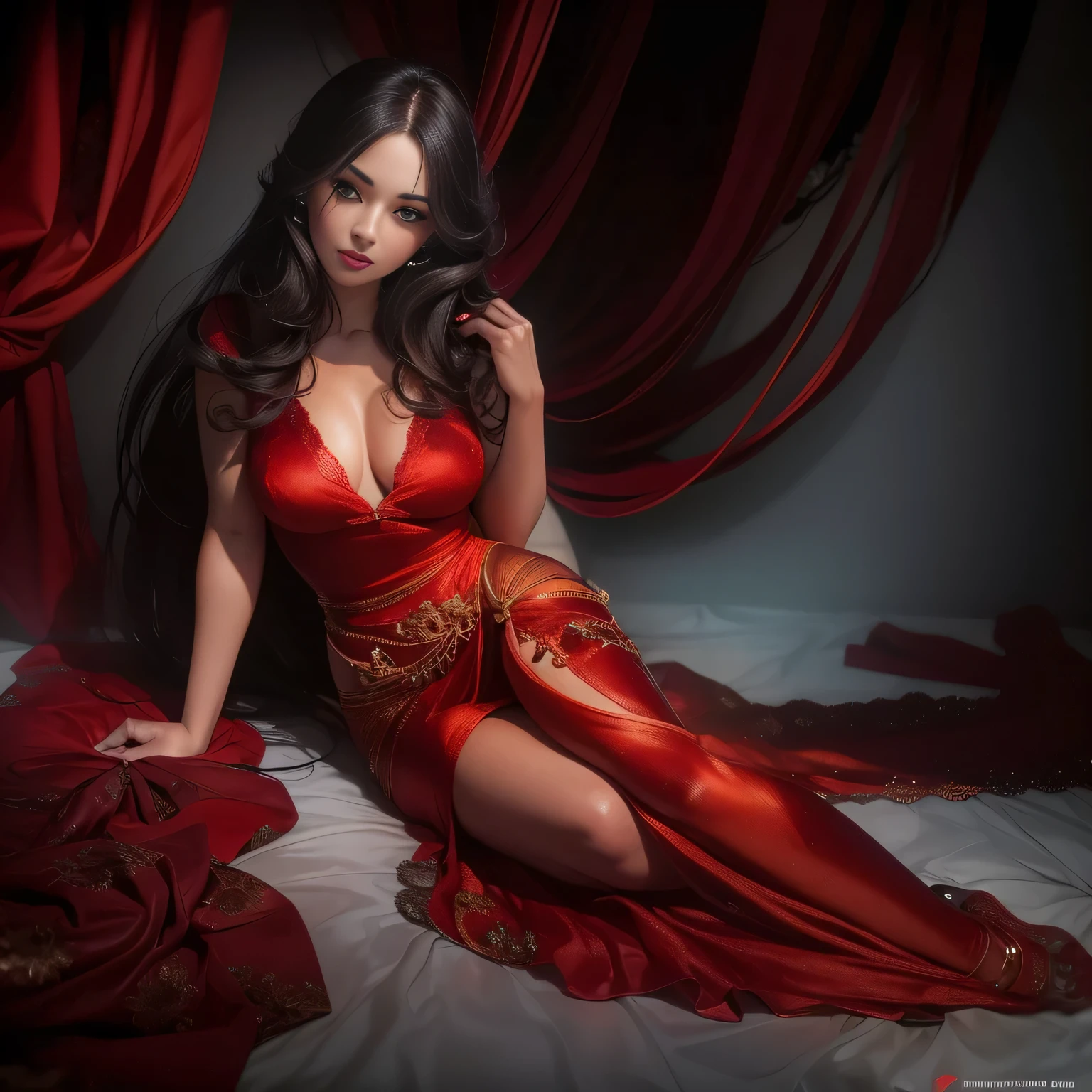 beautiful woman,long red satin dress,translucent,vey long,red,beautiful detailed eyes,beautiful detailed lips,extremely detailed eyes and face,longeyelashes,bondage,sexual,erotic,provocative,submissive,alluring,dominant,dark background,studio lighting,hair flowing,curves,body language,sensual,feminine,endless legs,seductive,confident,empowered,subtle lighting,colorful,boudoir photography,high contrast,vibrant colors,soft focus