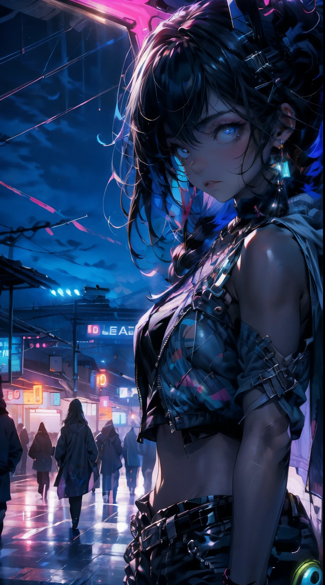 pinturas maestras,calidad optima,lluvia,mujer adulta,belleza、muy depresivo,Con pelo negro corto,esta llorando,Mirando hacia un cielo nublado、Neon street in the background、neon color is blue,ciudad oscura con mucha gente transitando.