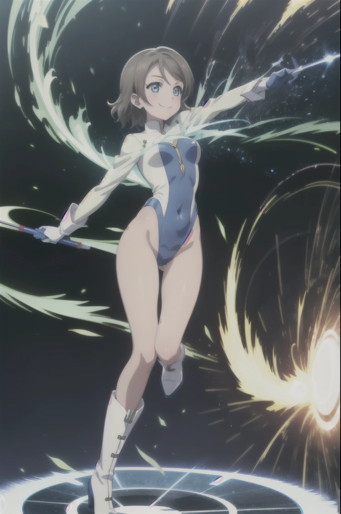 (((pixel-perfect, detail-perfect))), watanabe you, 1girl, leotard, spinning, time travel, super power, superhero, tornado, super tornado, whirlwind, twirling, super speed, bare legs, anime, super spin, standing straight, detailed, boots, gloves, rapid gyration, smile