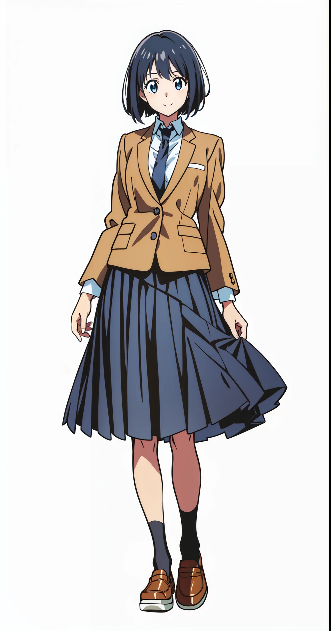 (best quality:1.0), (masterpiece:1.0), (super fine illustration:1.0), (beautiful artwork:1.0), (anime screencap:1.0), (official art:1.0), (tareme:1.5), (cheerful:1.5), (light smile:1.5), (white background:1.0), (best quality:1.0), (masterpiece:1.0), (super fine illustration:1.0), (beautiful artwork:1.0), (anime screencap:1.0), (official art:1.0), (full body:1.0), (solo:1.0), (HSGA:1.0), (a 18yo cute girl:1.0), (long skirt:1.0), (dark blue skirt:1.0), (pleated skirt:1.0), (school uniform beige blazer:1.0), (dark blue necktie:1.0), (loafers:1.0), (black socks:1.0), (ideal ratio body proportions:1.0), (lanky:1.0), (tall:0.0), (slender:1.0), (small breasts:1.0), (smaller face:0.0), (tareme:1.0), (detailed beautiful eyes:1.0), (detailed beautiful face:1.0), (glowing black eyes:1.0), (bob cut hair:1.0), (black hair:1.0), (standing:1.0), (looking at viewer:1.0)