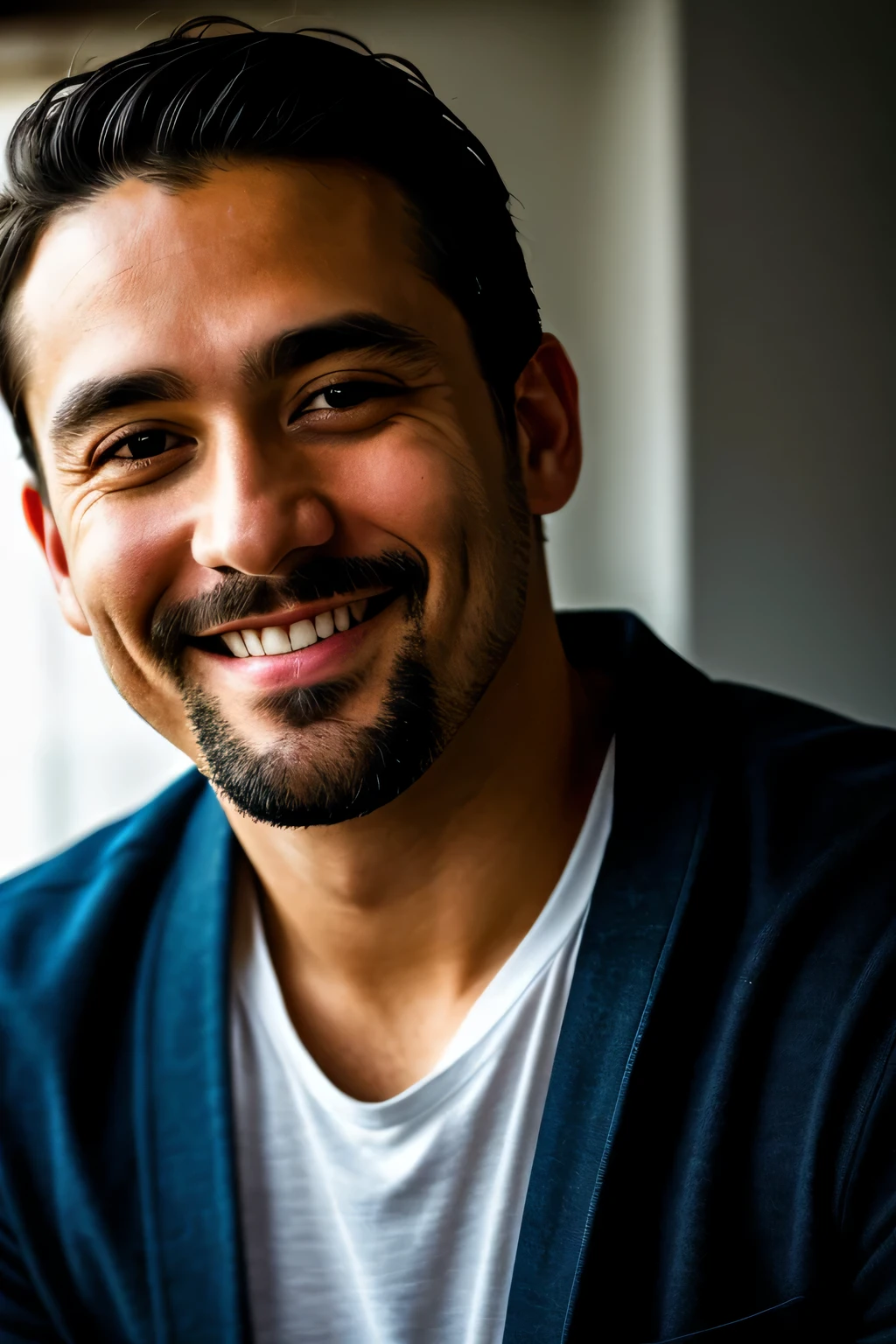 RAW photo, face portrait photo of beautiful 36 y.o man, ugly face, wearing casual clothes, little smile face, doing presentation, cinematic shot, dramatic lighting