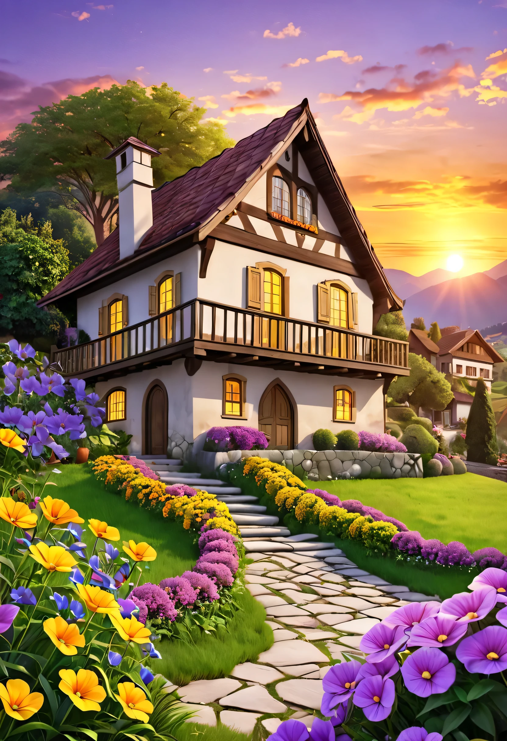 1 casinha de pedra pequena simples de pobre humilde , antiga,no meio de um Jardim com flores de todas as cores ,Swiss house style , arte de qualidade, 8k , pequena,sozinha, yellow and purple sunset