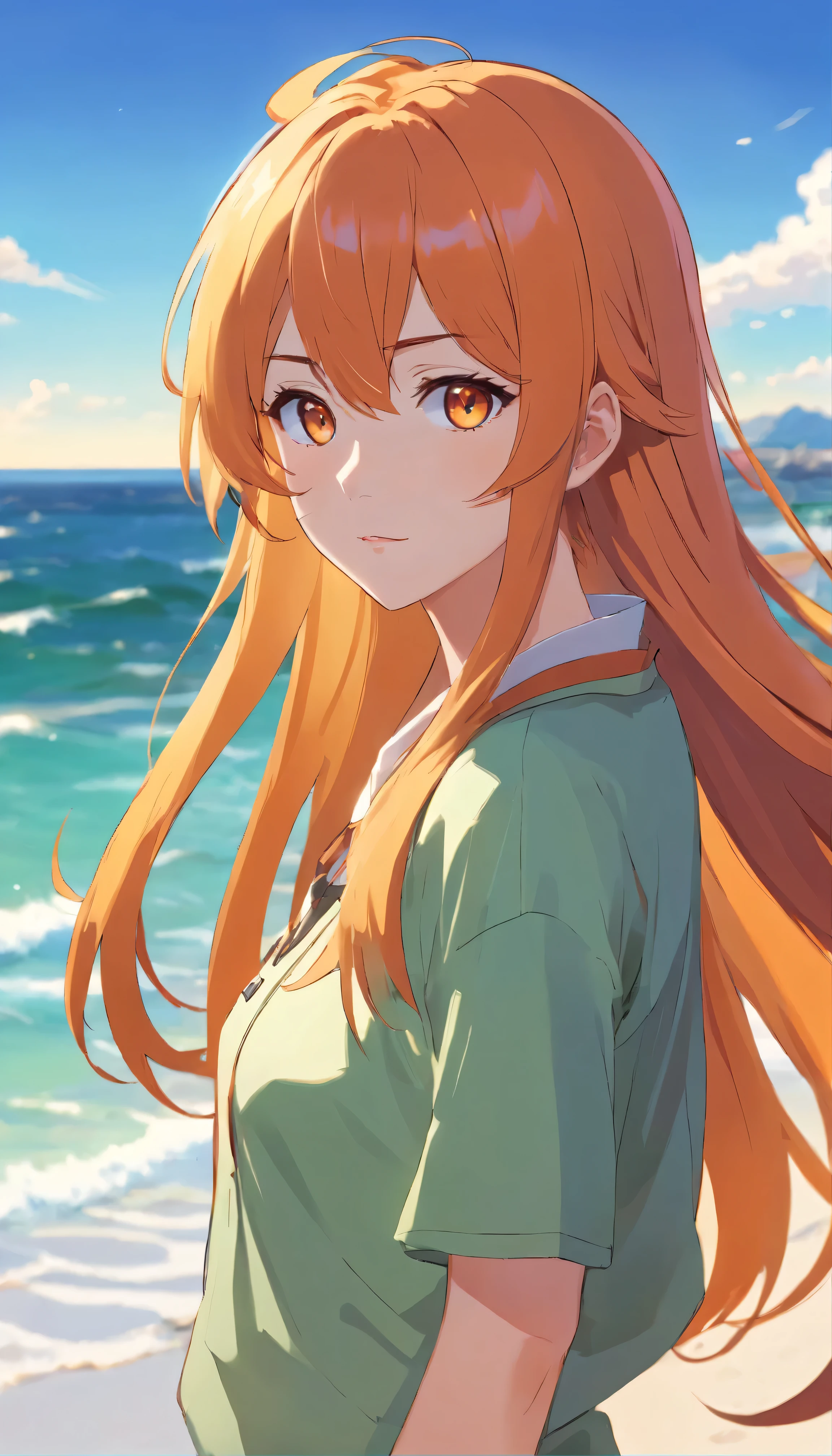 Anime girl with long orange hair, standing on the beach near the ocean, green eyes detailed digital anime art, Anime girl with long hair, гладкое аниме cg art, Anime girl with long hair, digital anime art, work in Guweiz style, Beautiful anime portrait, Photorealistic render of an anime girl, Beautiful anime girl, advanced digital anime art, guweiz на artstation pixiv HD UHD HQ
