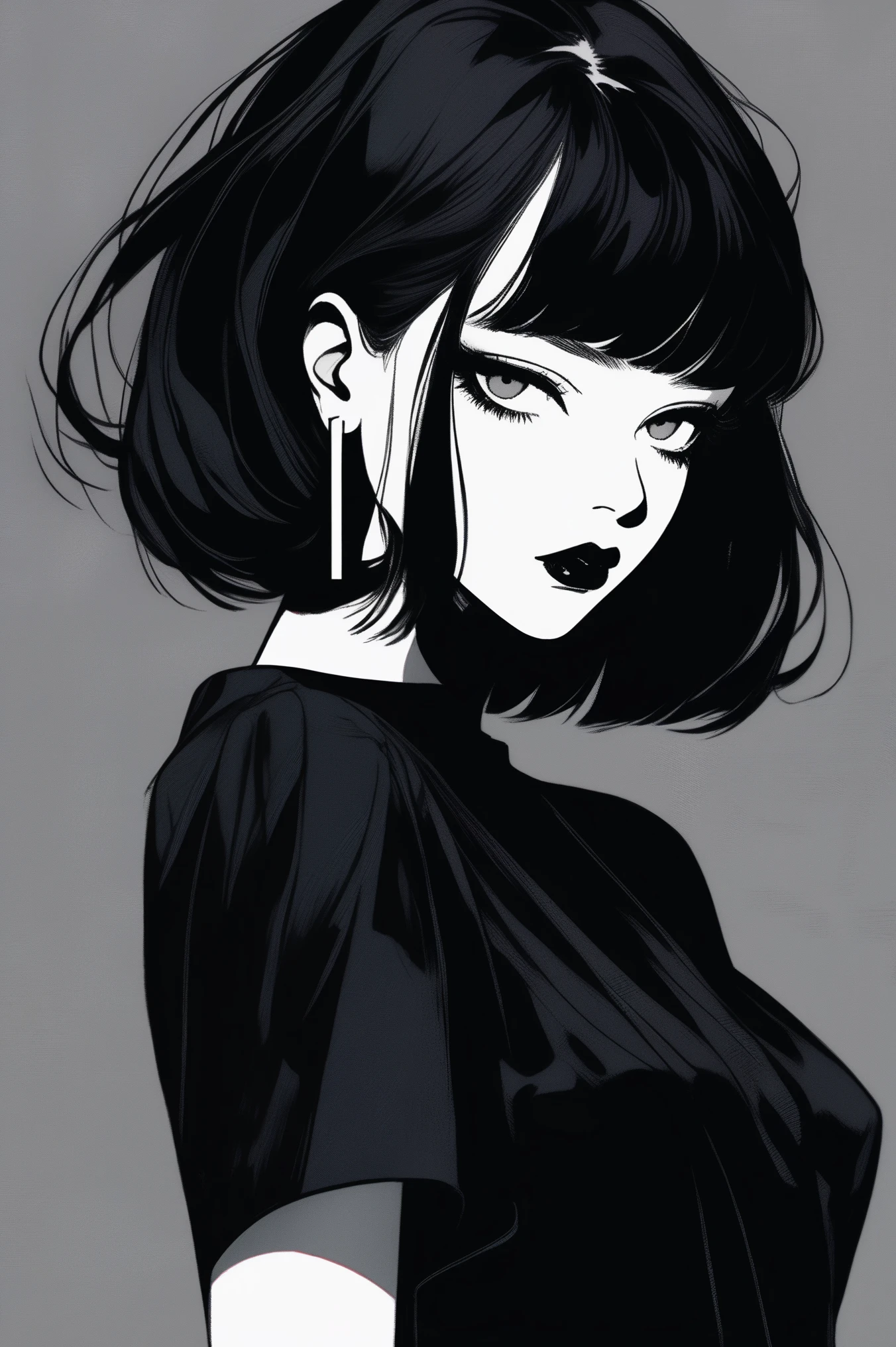 (best quality, sketch:1.2),realistic,illustrator,anime,1 girl, detailed lips, black dress8,custom, (background dark monochrome),neon hair,textured cropping, masterpiece, style retro classic, noir dark, art, sketch book, (bob hair black:1.75 neon:1.32), bad women , dark shadows 