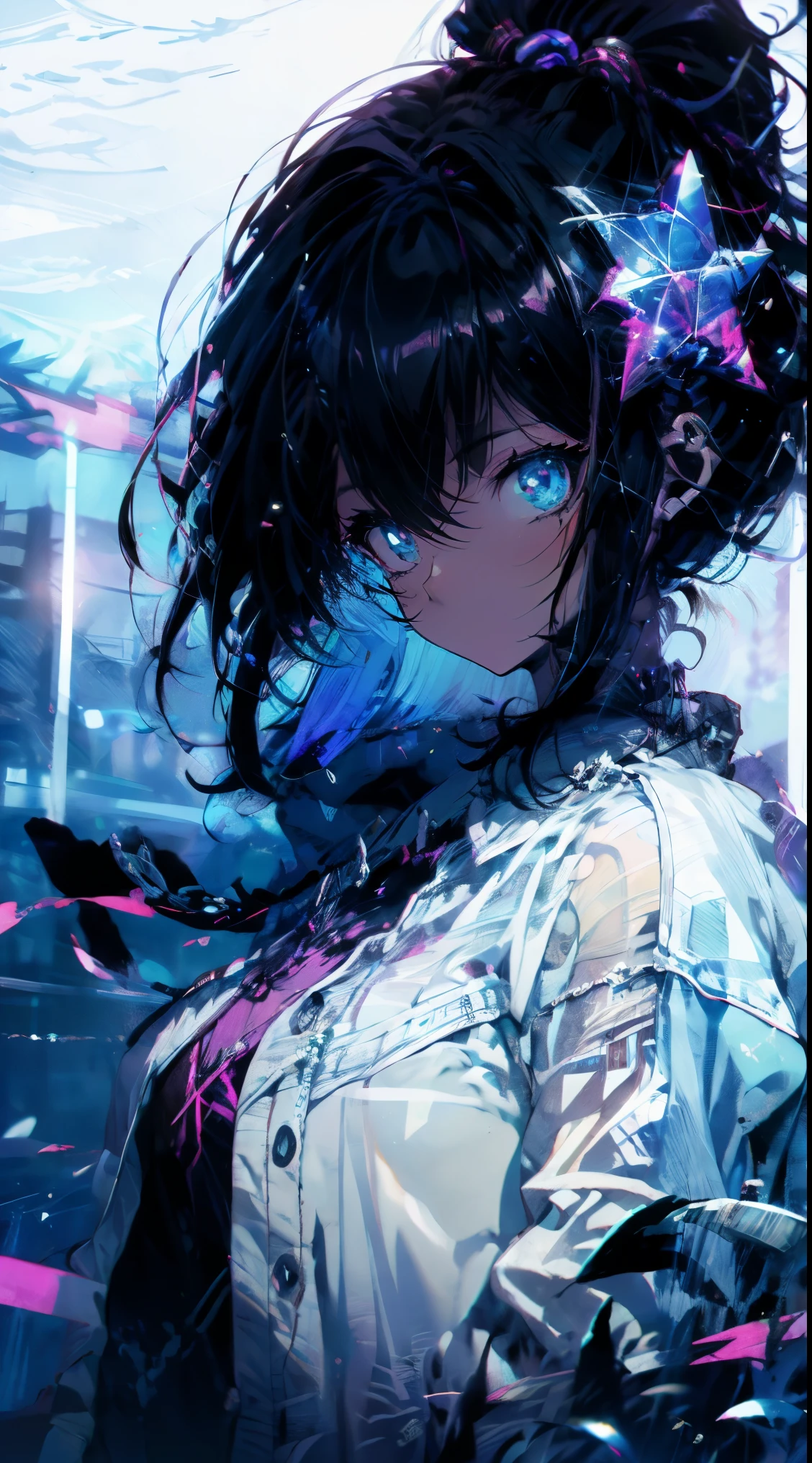 pinturas maestras，calidad optima，lluvia，mujer adulta，belleza、muy depresivo，Con pelo negro corto，esta llorando，Mirando hacia un cielo nublado、Neon street in the background、neon color is blue.