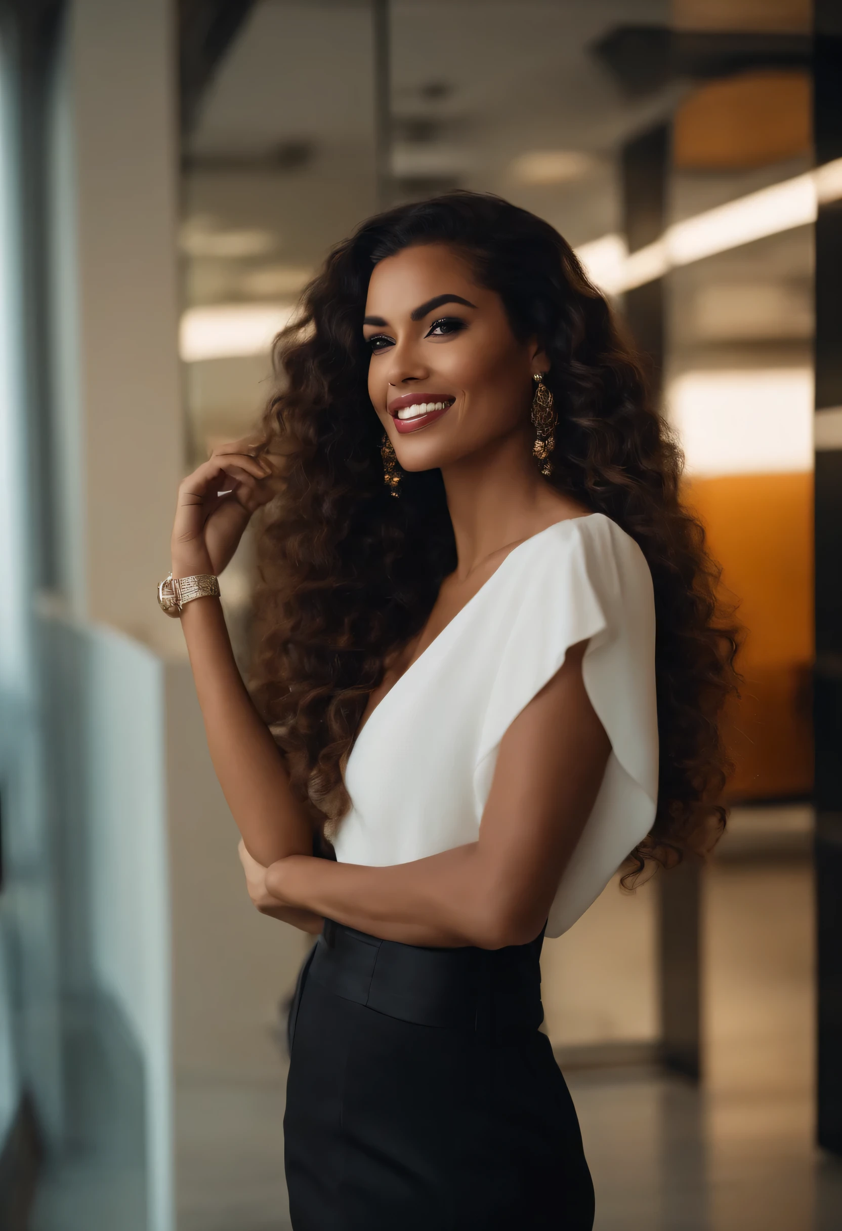 O protagonista masculino conversa com uma mulher de cabelos longos pretos com roupas profissionais, The woman smiles and the photo is beautiful, in five luxury offices