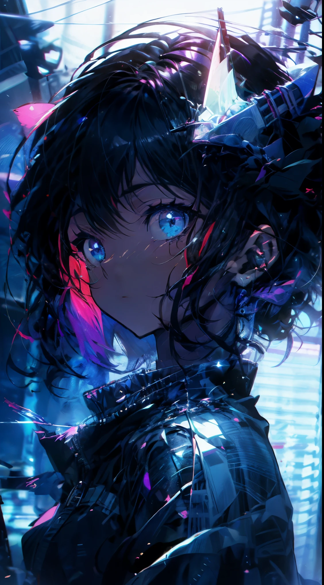 pinturas maestras,calidad optima,lluvia,mujer adulta,belleza、muy depresivo,Con pelo negro corto,esta llorando,Mirando hacia un cielo nublado、Neon street in the background、neon color is blue.