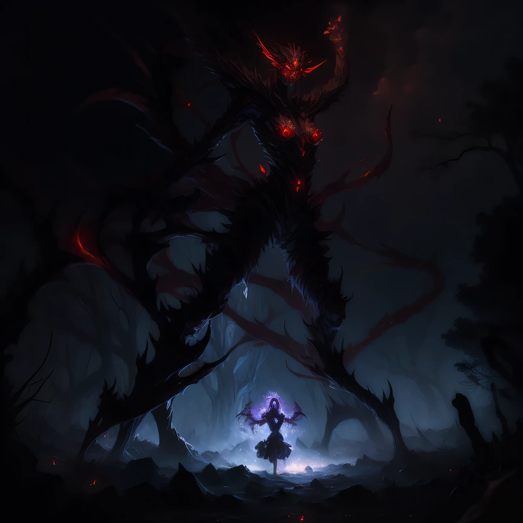 Chthonic fairy with empty blood red eyes in cold hell, the god of pain, master of madness, lord of terror, first to fall, energy body, lightning, surrounded by space, skinny , Long limbs, visible skeleton, sharp teeth, claws , sunken eye sockets, fiery eyes, high quality, Masterpiece