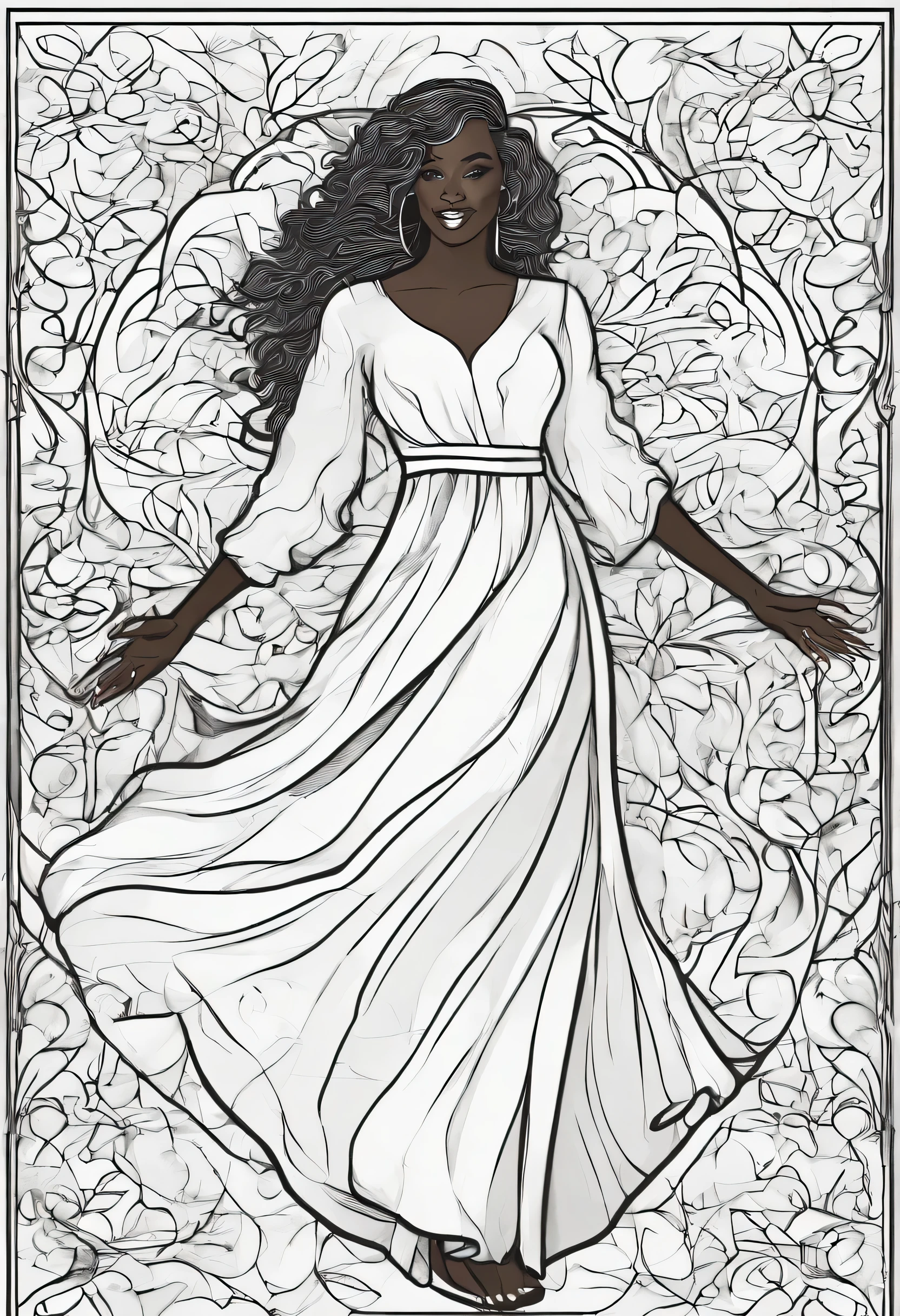 a line draw black woman with white skin and white beautiful wavy hair wearing a loose fitting long flowing dress with loose sleeves praise dancing with a Christian cross in the background with hearts in the background, high quality, coloring book, hand-art, line draw--ar 17:224k, realistic, charismatic, very detailed, wearing ballet slippers, full body