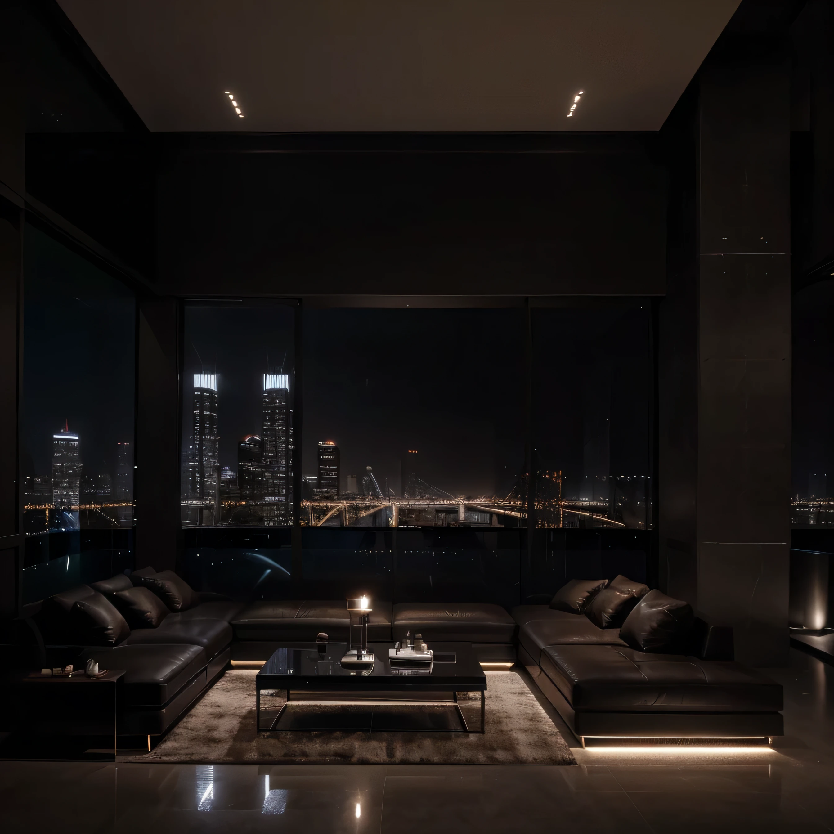 Create an image of a contemporary, high-end apartment interior at night. The room is spacious and styled with minimalistic, modern furniture, including a large, luxurious dark leather sectional sofa and a low-profile coffee table with candles and a simple book. The floor is polished concrete, reflecting the soft, ambient light. Install sleek, linear LED lights running across the ceiling, providing a subtle glow. Large, floor-to-ceiling windows reveal a breathtaking nighttime cityscape with skyscrapers, the city's lights creating a dazzling background. The atmosphere is serene and sophisticated, with a color palette of dark tones and warm lighting accents. The overall feeling is of an exclusive urban retreat that combines comfort with the urban edge.