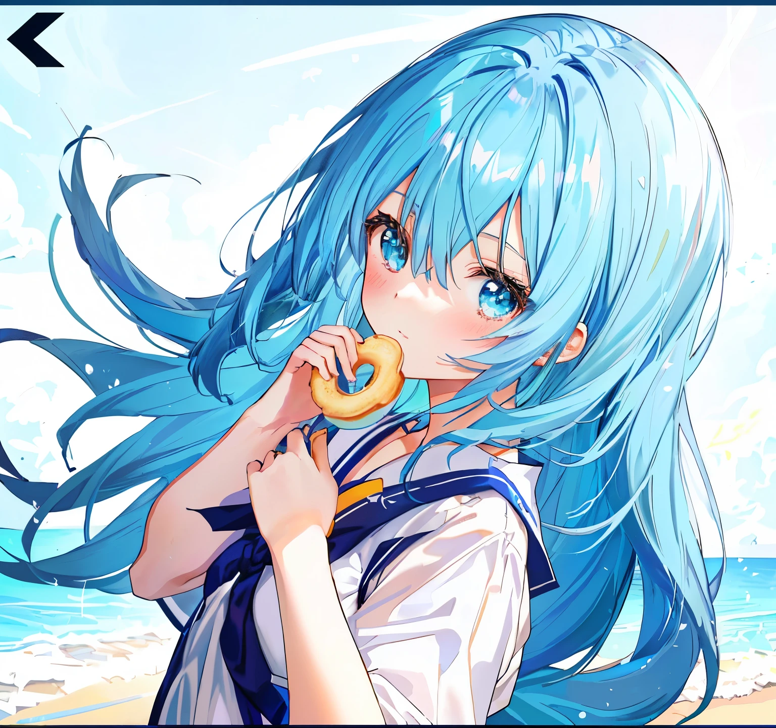 Anime girl with blue hair and blue eyes holding a donut, she has a cute expressive face, Young anime girl close up, anime Mo artstyle, Screenshot of anime 2 0 1 9, anime image of a cute girl, Tensei Shitara Slime Datta Ken, cute anime face, Anime portrait of Cirno, Very cute anime girl face, Fa chyan, mofu mofu, blue hair, cute  like face, girl has a a white dress on, black leggings, anime girl shoes, white shirt, beach in okinawa