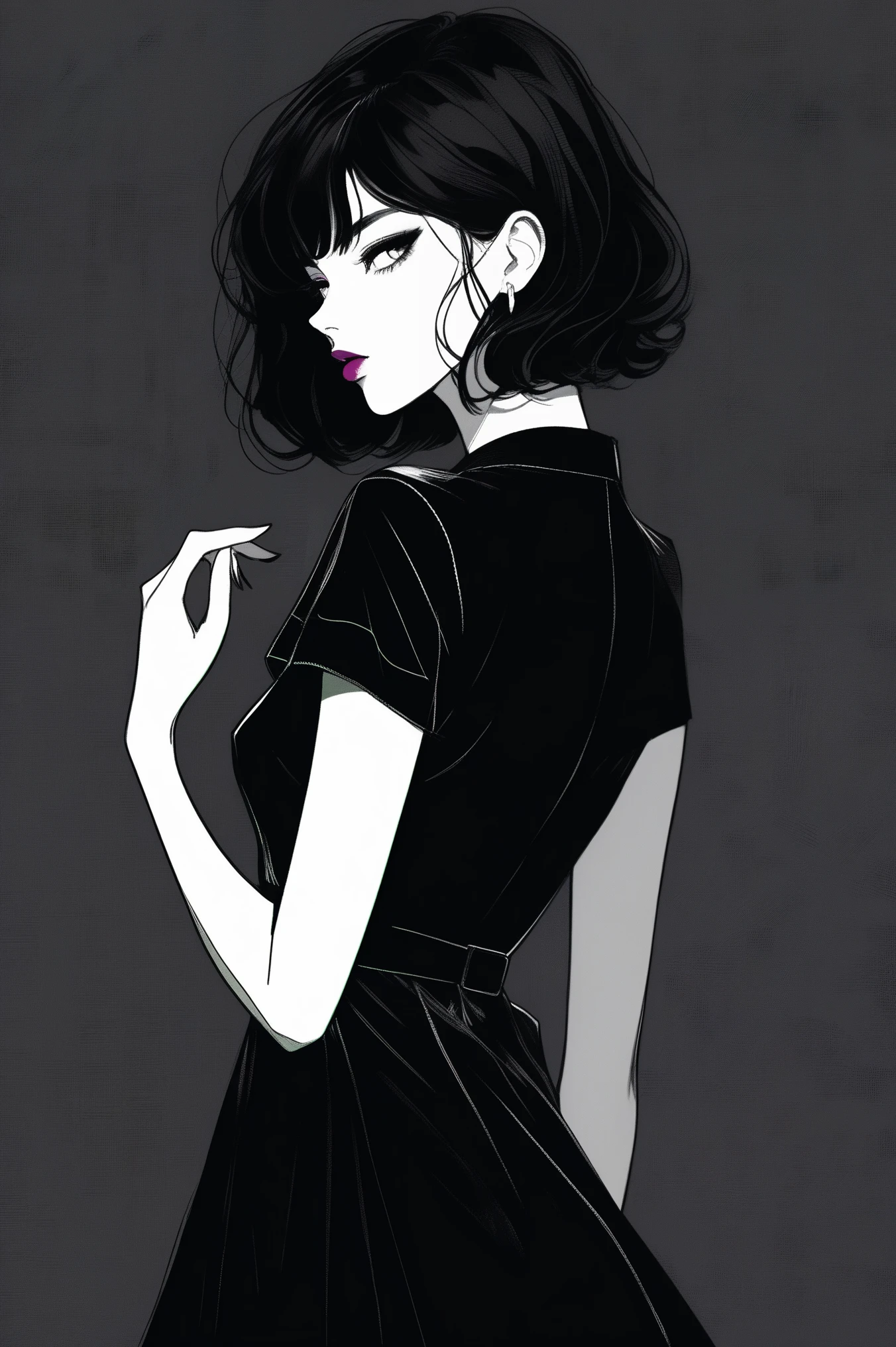 (best quality, sketch:1.2),realistic,illustrator,anime,1 girl, detailed lips, black dress,custom, (background dark monochrome), dark hair,textured cropping, masterpiece, style retro classic, noir dark, art, sketch book, (bob hair black:1.75 neon:1.32), bad women , dark shadows 