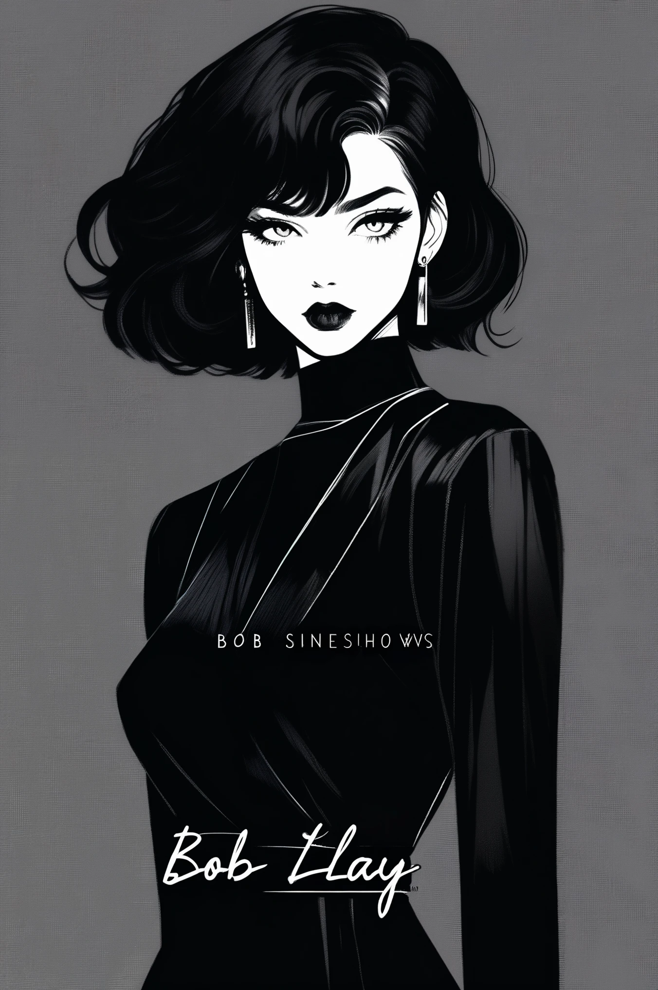 (best quality, sketch:1.2),realistic,illustrator,anime,1 girl, detailed lips, black dress,custom, (background dark monochrome), dark hair,textured cropping, masterpiece, style retro classic, noir dark, art, sketch book, (bob hair black:1.75 neon:1.32), bad women , dark shadows 