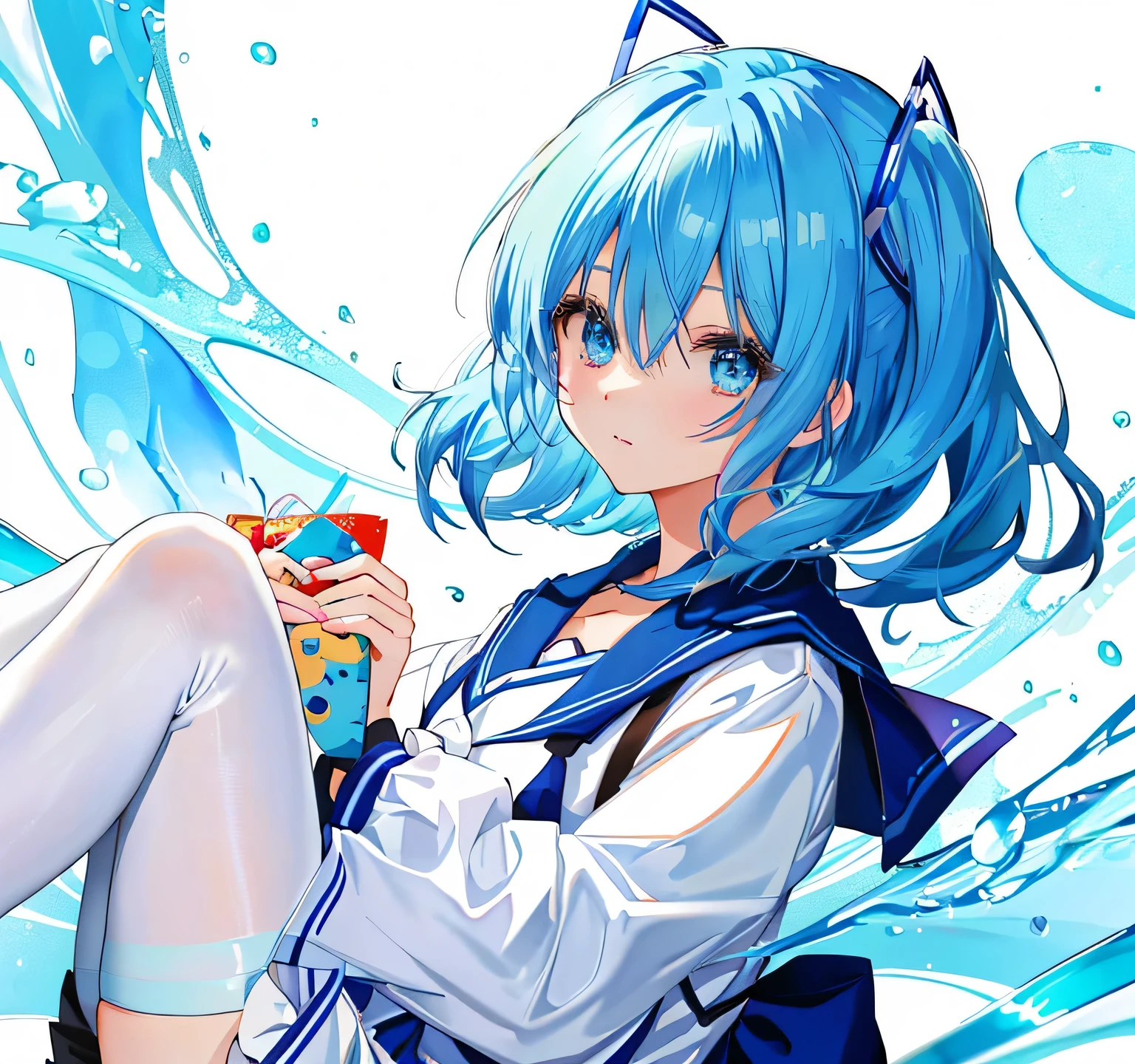 Anime girl with blue hair and blue eyes holding a donut, she has a cute expressive face, Young anime girl close up, anime Mo artstyle, Screenshot of anime 2 0 1 9, anime image of a cute girl, Tensei Shitara Slime Datta Ken, cute anime face, Anime portrait of Cirno, Very cute anime girl face, Fa chyan, mofu mofu, blue hair, cute like face, girl has a a white dress on, black leggings, anime girl shoes, white shirt, she is at school.