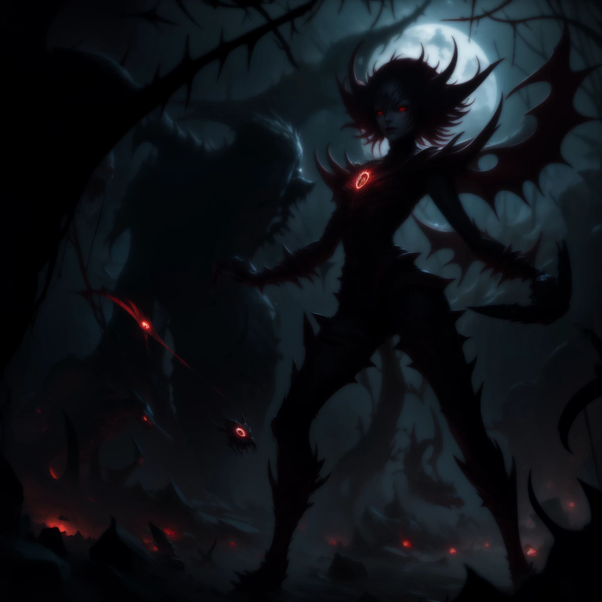 a demonic humanoid spider, night, fall weather, dark, creepy, fire, rain, demonic, glowing red eyes, horror, scary, 4 arms, 4 legs