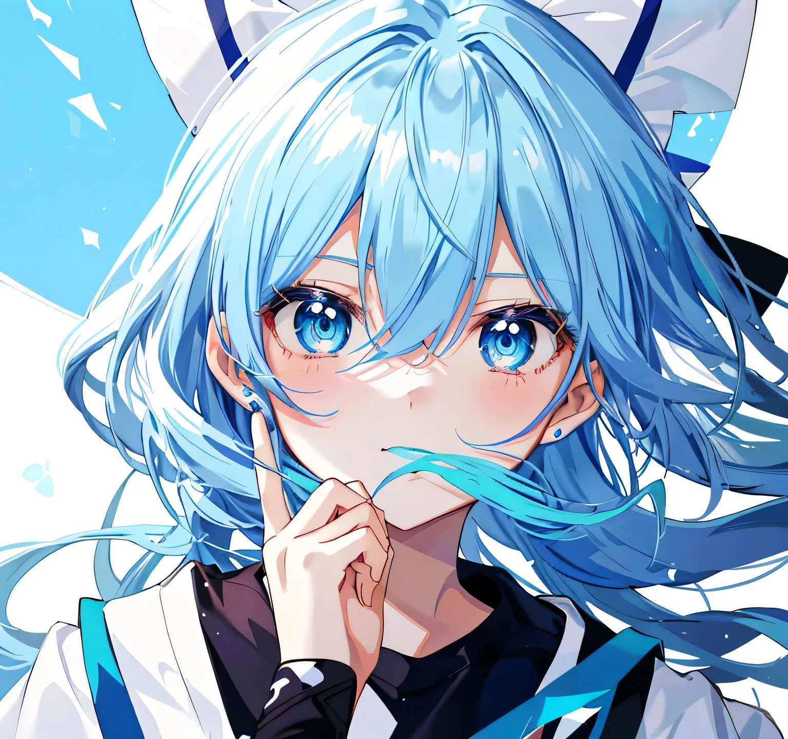 Anime girl with blue hair and blue eyes holding a donut, she has a cute expressive face, Young anime girl close up, anime Mo artstyle, Screenshot of anime 2 0 1 9, anime image of a cute girl, Tensei Shitara Slime Datta Ken, cute anime face, Anime portrait of Cirno, Very cute anime girl face, Fa chyan, mofu mofu, blue hair, cute  like face