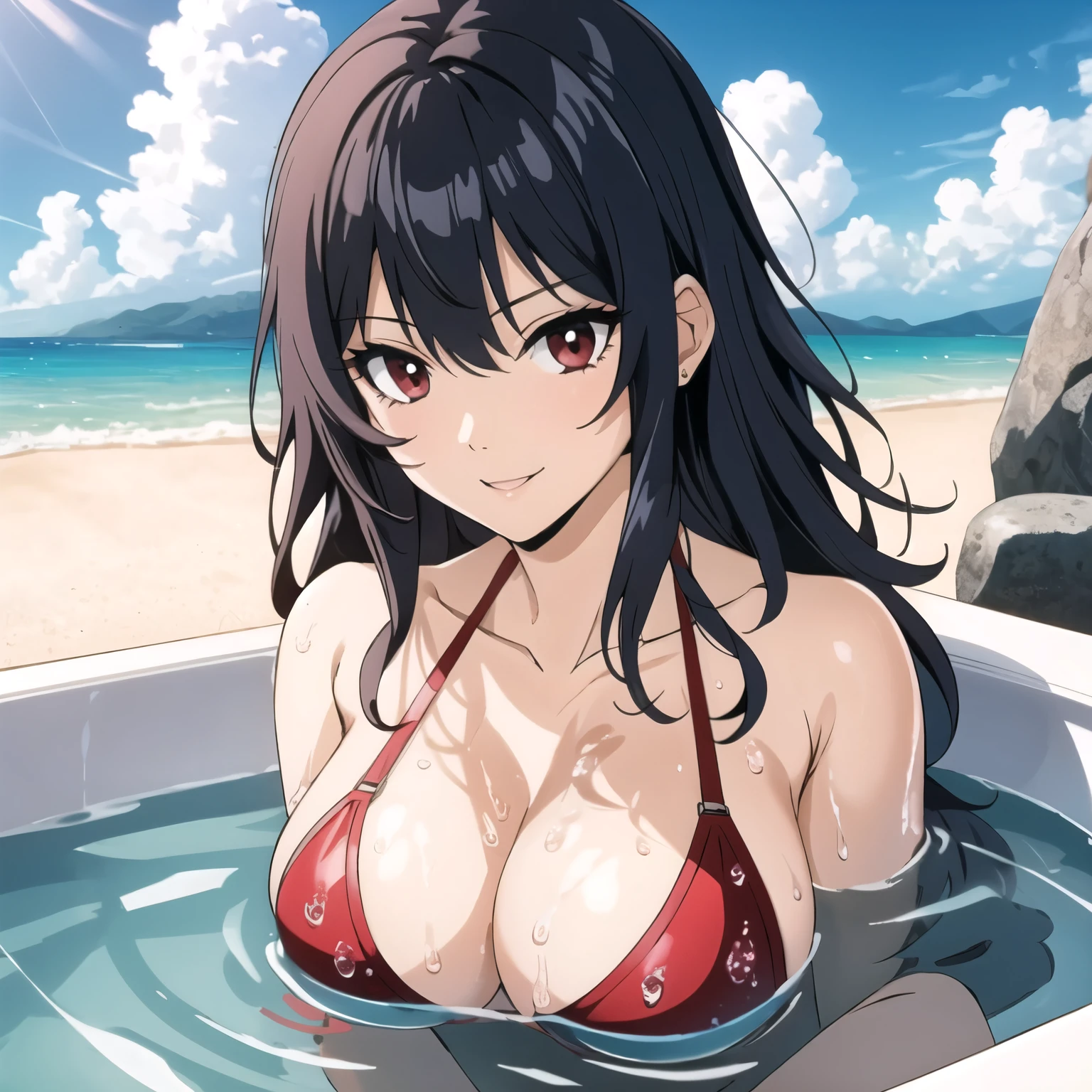 Female 27 years old, cabello azul claro , red eyes like rubies, sonrisa, pechos grandes, bikini azul, He is bathing on a sunny beach, alta calidad, gotas de agua en su pecho