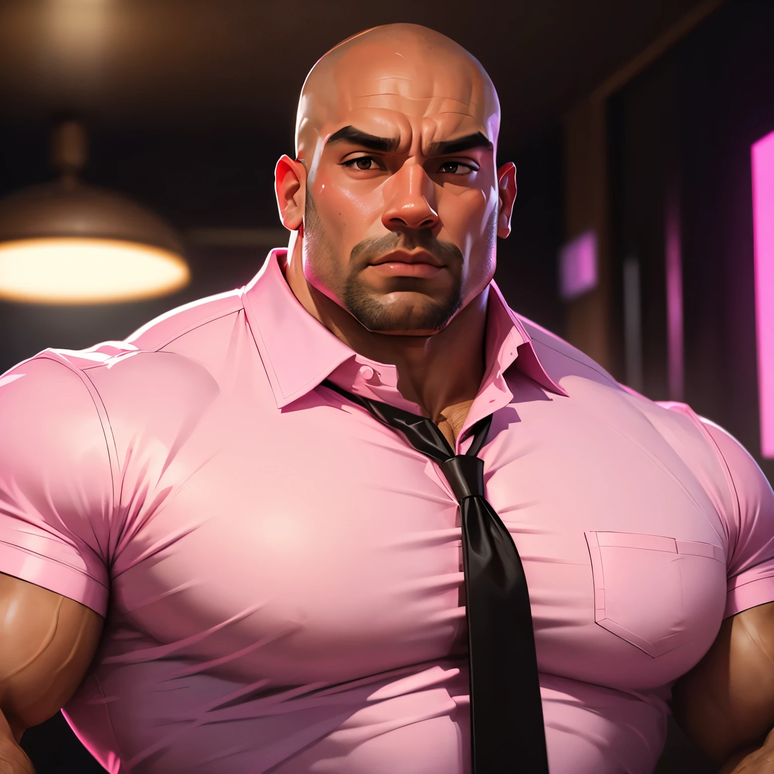 an exaggeratedly muscular and large bald bodyguard, mixed race, (wearing a raglan shirt: 1.2), shirtless, (exposed pecs: 1.1), (bara pecs: 1.3), (hairy chest: 1.1), portrait HD, pink background light