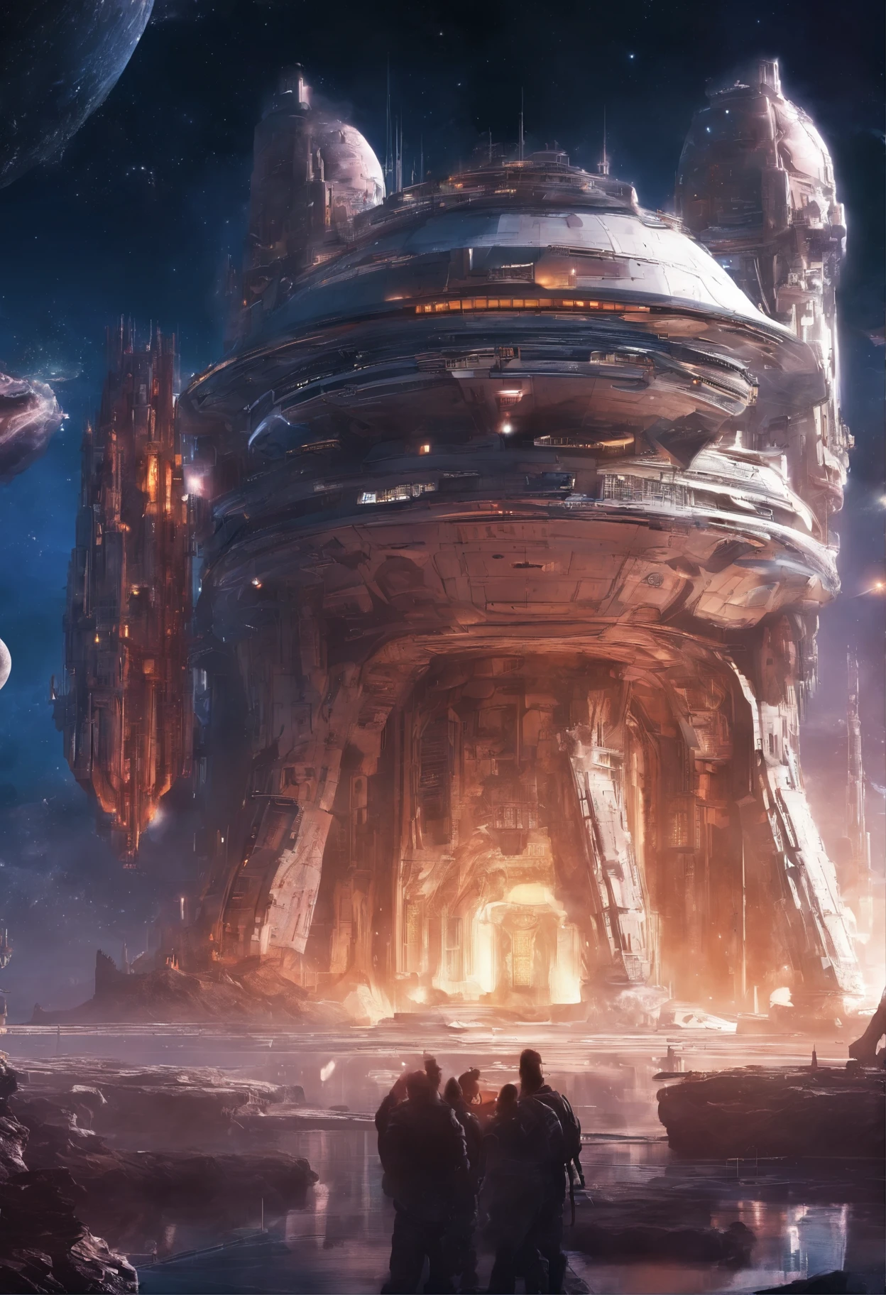 Un monde de science-fiction futuriste, Cet immense château dans l’espace n’a aucun concept de haut ou de bas. An upside-down castle, Une forteresse spatiale, un port spatial, A giant cluster of antennas, (best quality), (chef-d'artwork:1.3), pas de terrain, Cosmos, Space Opera,