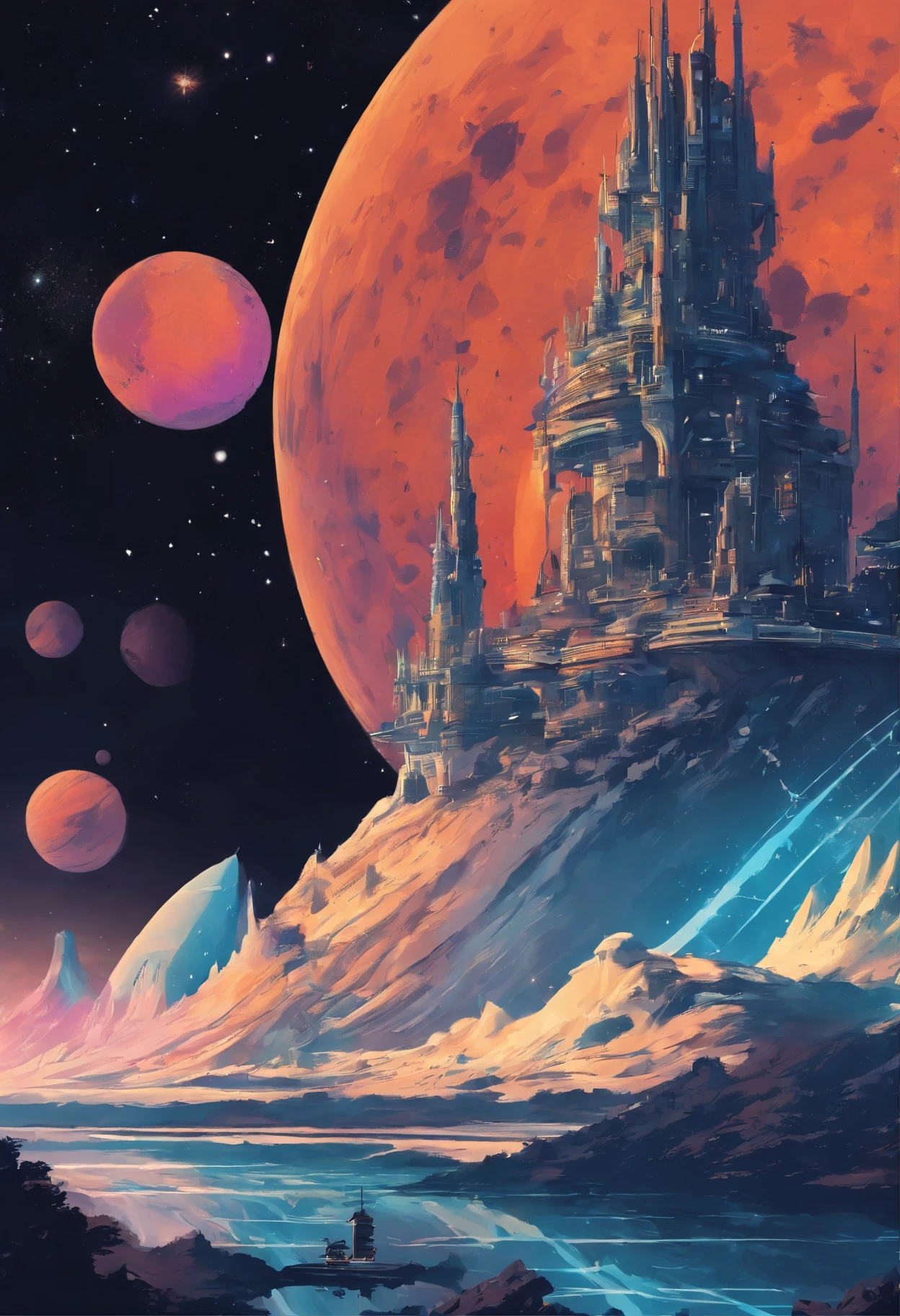 Un monde de science-fiction futuriste, Cet immense château dans l’espace n’a aucun concept de haut ou de bas. An upside-down castle, Une forteresse spatiale, un port spatial, A giant cluster of antennas, (best quality), (chef-d'artwork:1.3), pas de terrain, Cosmos, Space Opera,