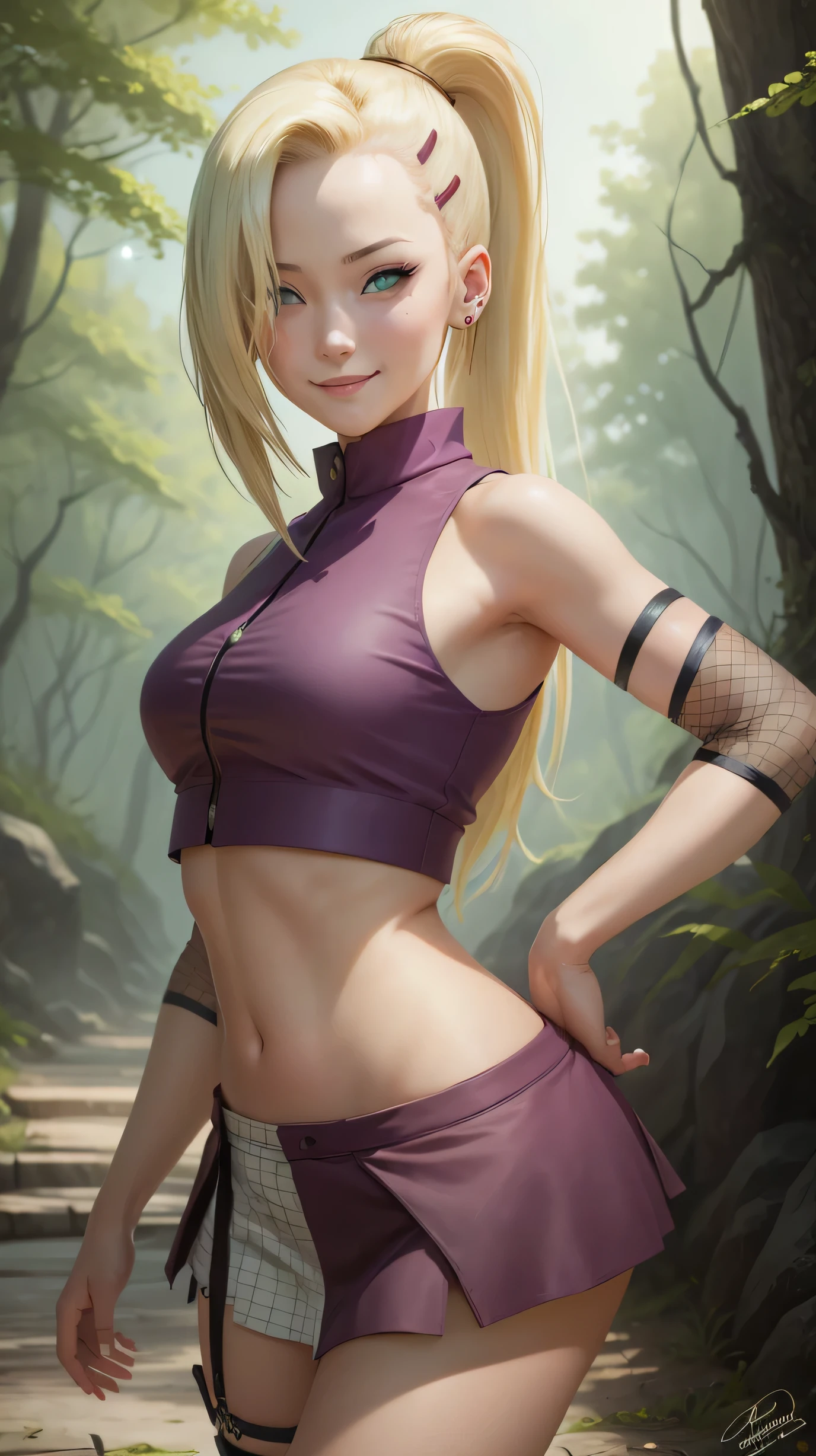 (masterpiece, best quality:1.2), solo, 1girl, yamanaka ino, smile, looking at viewer, hair over one eye, ponytail, hairclip, crop top, sleeveless, skirt, fishnets, earrings, midriff, forest 