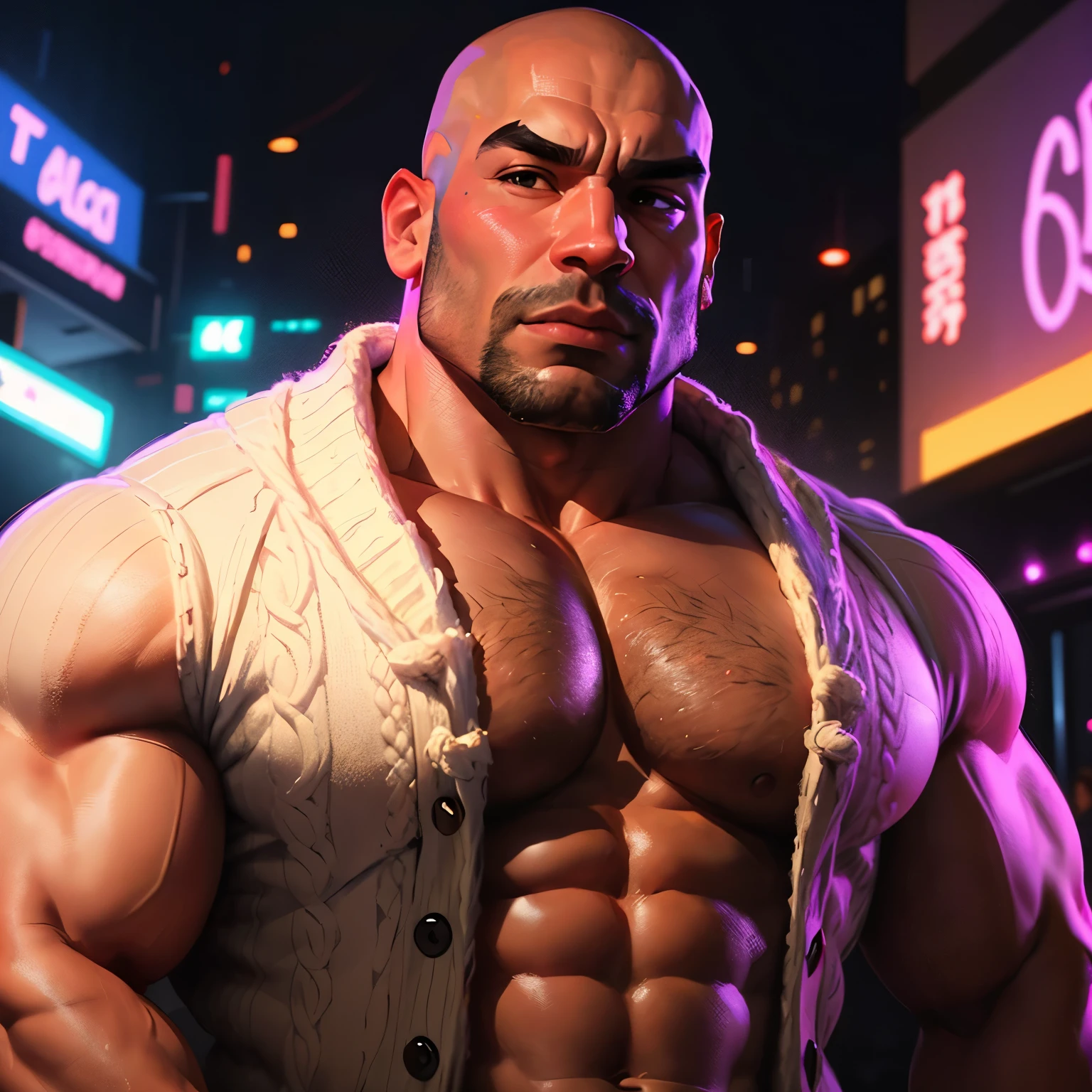 an exaggeratedly muscular and large bald bodyguard, mixed race, (wearing sweater: 1.2), (exposed pecs: 1.1), (bara pecs: 1.3), (hairy chest: 1.1), portrait HD, night club with pink lights