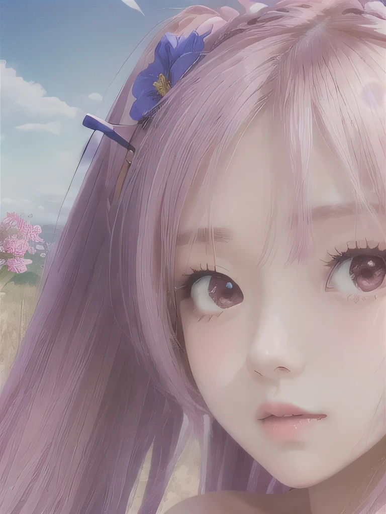 1 girl, alone, barefoot, flower, long hair, null, dress, flower petals, outdoor, holding, holding flower, cloud, pink hair, Wind, field、Small breasts、close up of face、16K、She is the flower spirit、flower decoration、Clothes that show your collarbones、Braid、twin tails、