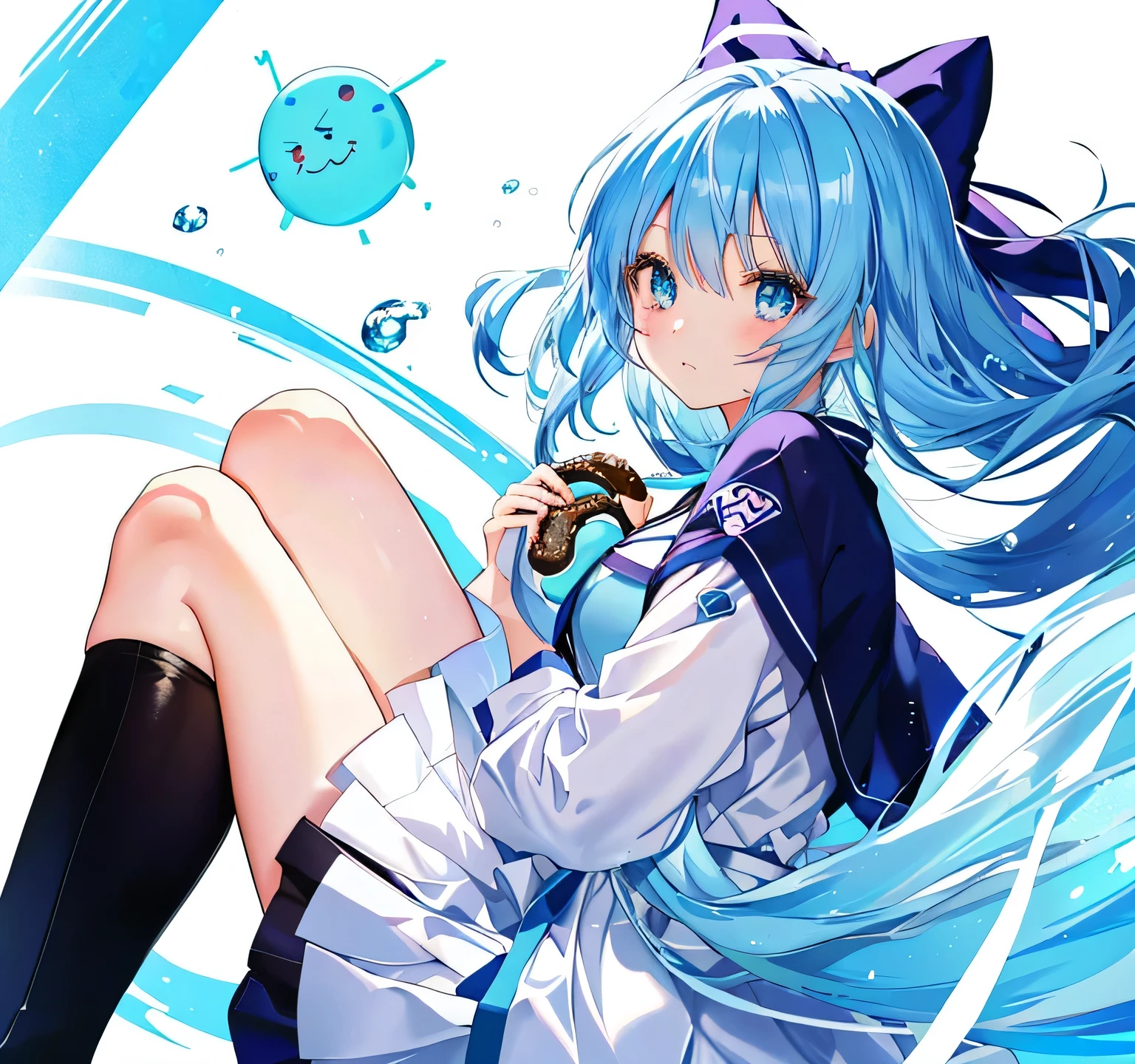 Anime girl with blue hair and blue eyes holding a donut, she has a cute expressive face, Young anime girl close up, anime Mo artstyle, Screenshot of anime 2 0 1 9, anime image of a cute girl, Tensei Shitara Slime Datta Ken, cute anime face, Anime portrait of Cirno, Very cute anime girl face, Fa chyan, mofu mofu, blue hair, cute like face, girl has a a white dress on, black leggings, anime girl shoes, highschool in tokyo