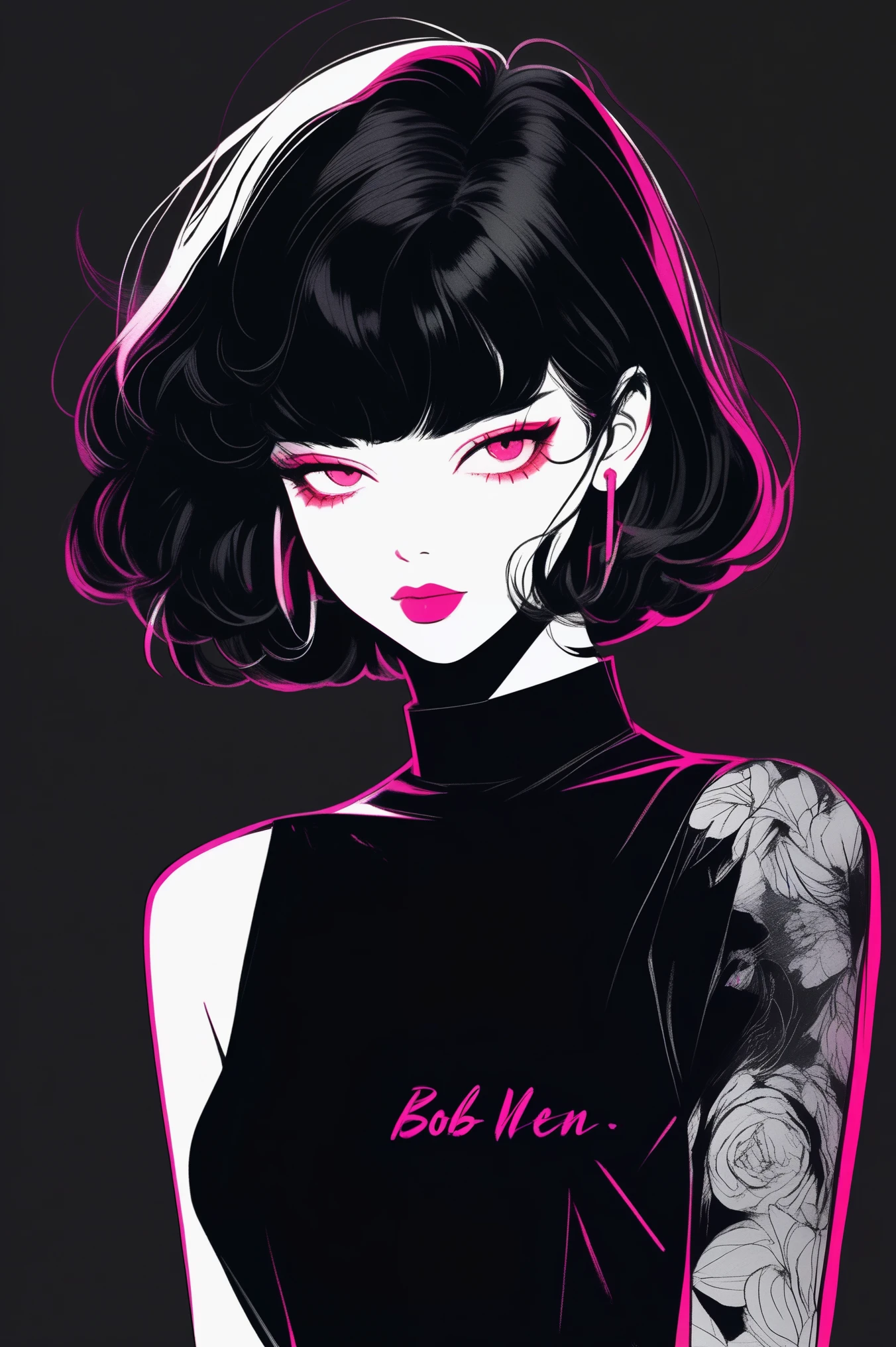 (best quality, sketch:1.2),realistic,illustrator,anime,1 girl, detailed lips, black dress,custom, (background dark monochrome),neon hair,textured cropping, masterpiece, style retro classic, noir dark, art, sketch book, (bob hair black:1.75 neon:1.32), bad women , dark monochrome background 