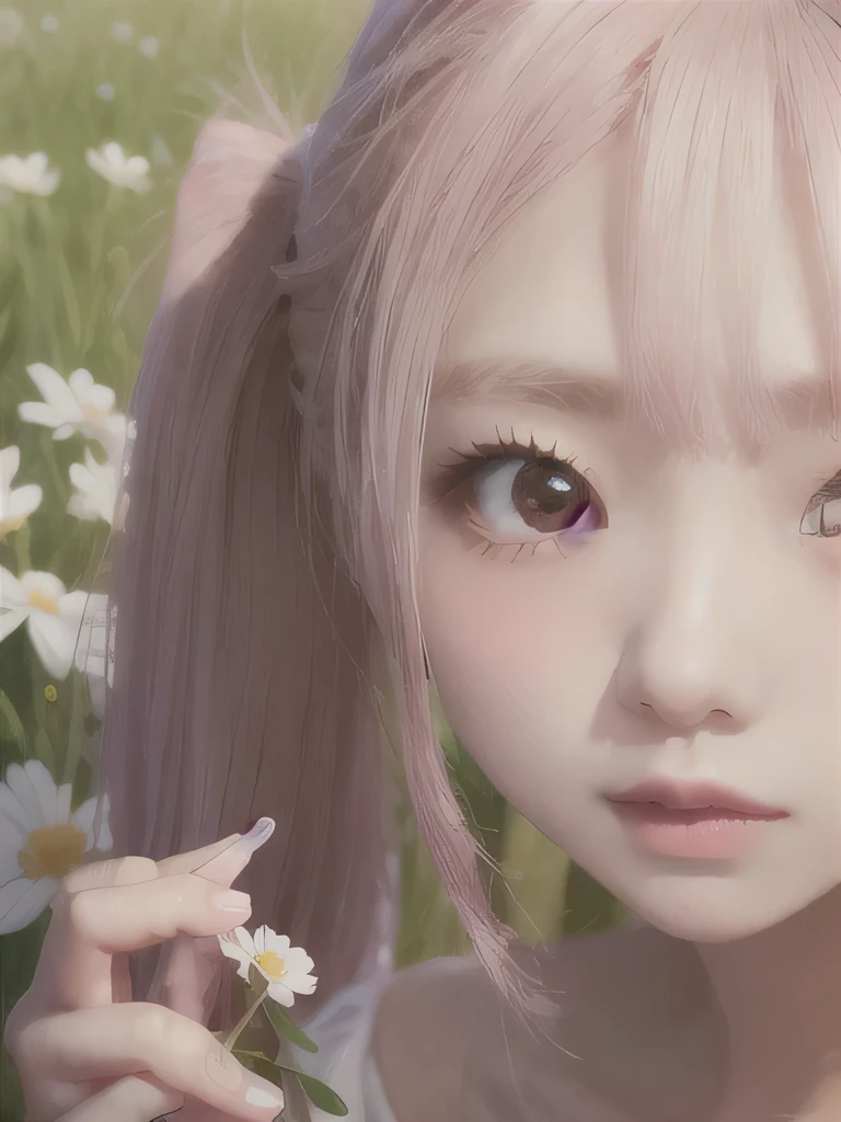 1 girl, alone, barefoot, flower, long hair, null, dress, flower petals, outdoor, holding, holding flower, cloud, pink hair, Wind, field、Small breasts、close up of face、16K、She is the flower spirit、flower decoration、Clothes that show your collarbones、Braid、twin tails、