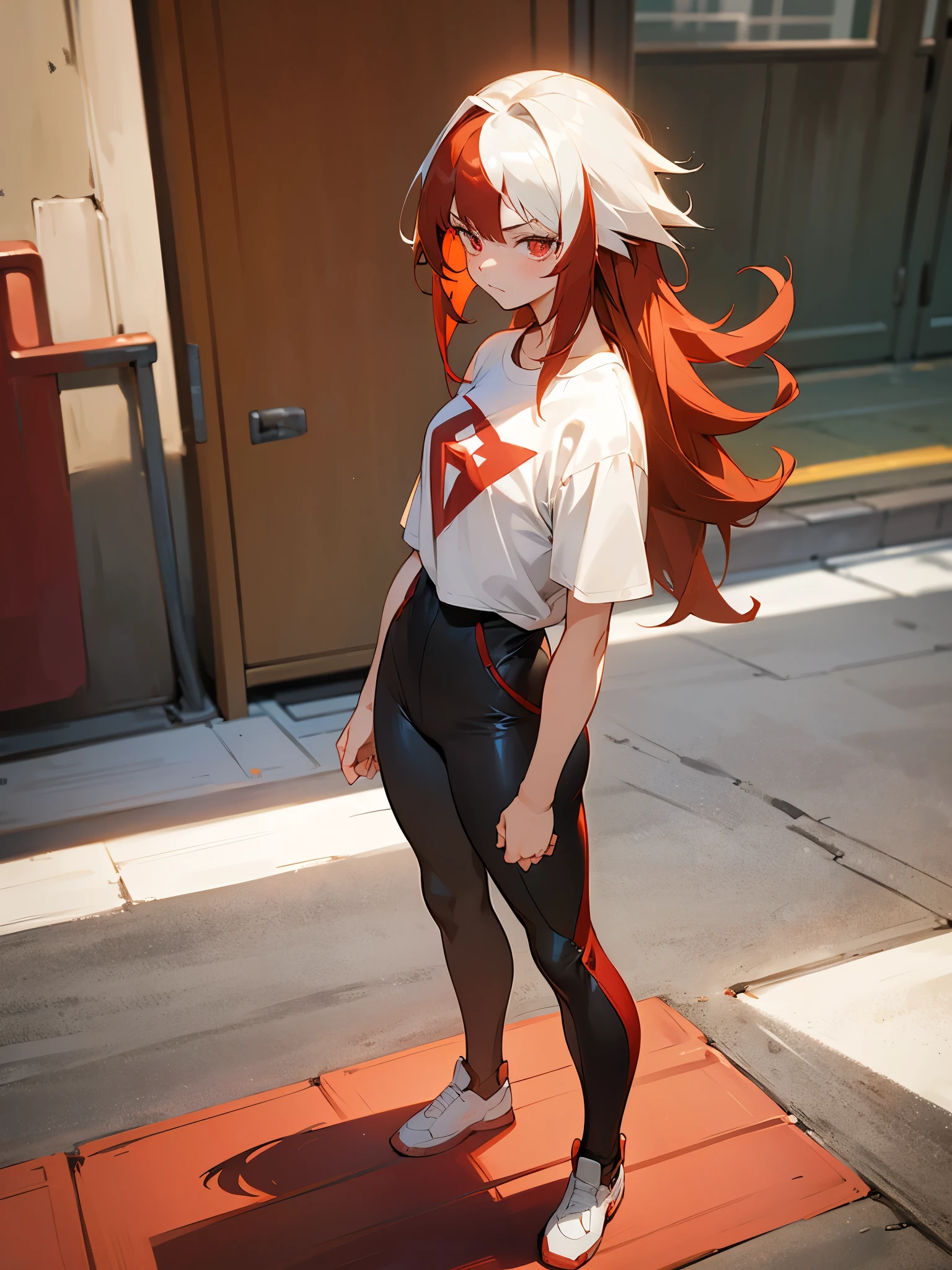 white t-shirt,brown sweats, 1female , Teen feMale , Muscular , multicolored hair, white hair, red hair, auburn hair, two-tone hair,ombre, long Hair , bored Expression , ruby Eyes , Standing in outside , Facing Viewer , full body, rogue (marvel) hairstyle
