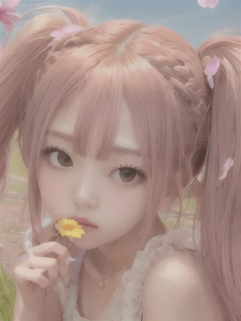 1 girl, alone, barefoot, flower, long hair, null, dress, flower petals, outdoor, holding, holding flower, cloud, pink hair, Wind, field、Small breasts、close up of face、16K、She is the flower spirit、flower decoration、Clothes that show your collarbones、Braid、twin tails、