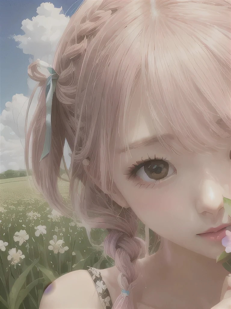 1 girl, alone, barefoot, flower, long hair, null, dress, flower petals, outdoor, holding, holding flower, cloud, pink hair, Wind, field、Small breasts、close up of face、16K、She is the flower spirit、flower decoration、Clothes that show your collarbones、Braid、twin tails、