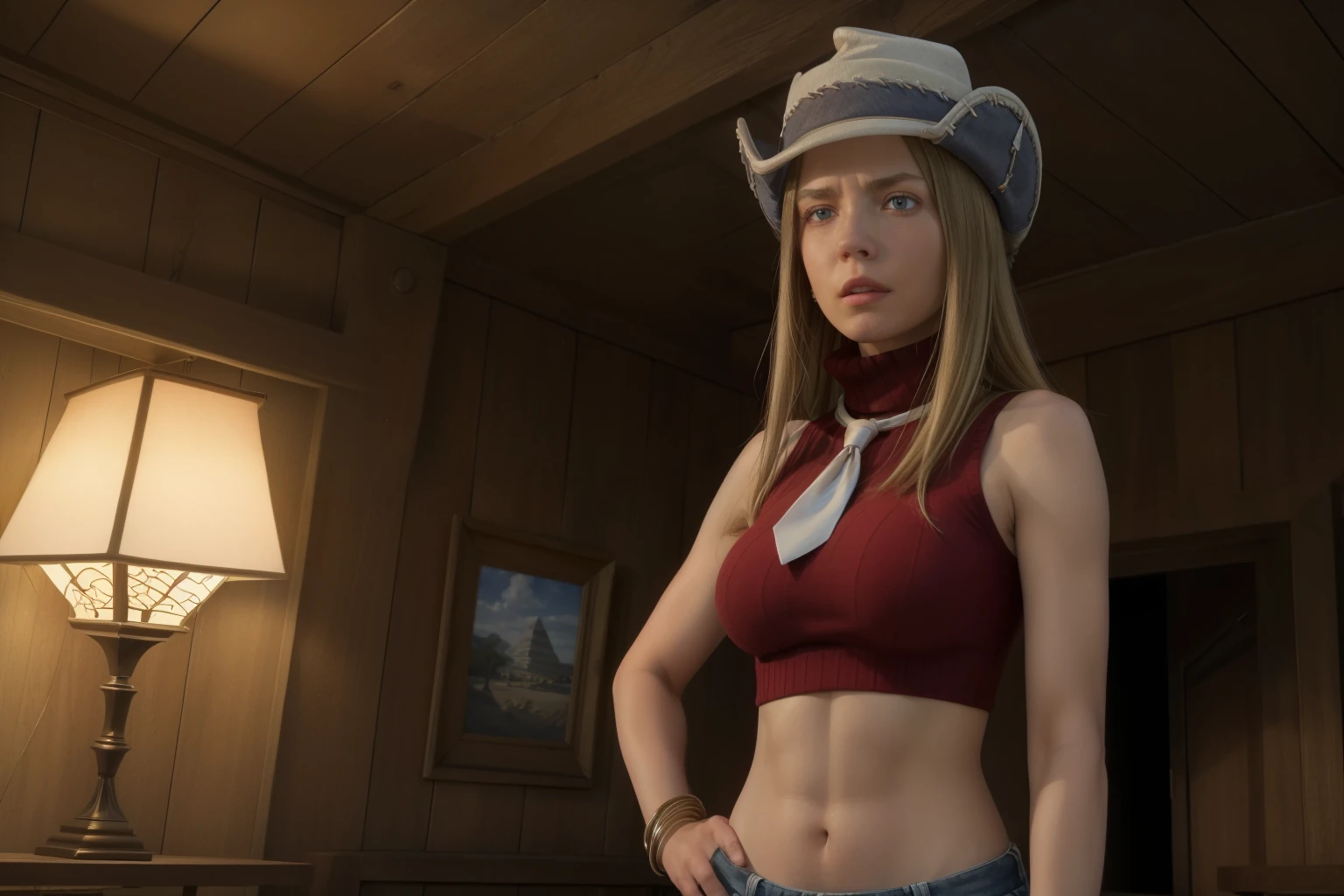 ((realistic)), ((photorealistic)),((high-res, masterpiece, best quality, cinema lighting)), masterpiece, best quality:1.2), upper body, solo, 1girl, Liz, belt, blonde hair, blue eyes, hat, crop top, hand on hip, hat, long hair, midriff, navel, necktie, pants, solo, sleeveless turtleneck, desert, pyramid,masterpiece, best quality, 4k, photograph, cinemtaic lighting, modelshoot, perfect lighting, perfect detailed face, professional photoshoot, masterpiece, best quality,red turtleneck, (((medium breasts 1.3))), bracelet, realistic, movie screenshot, upper body,