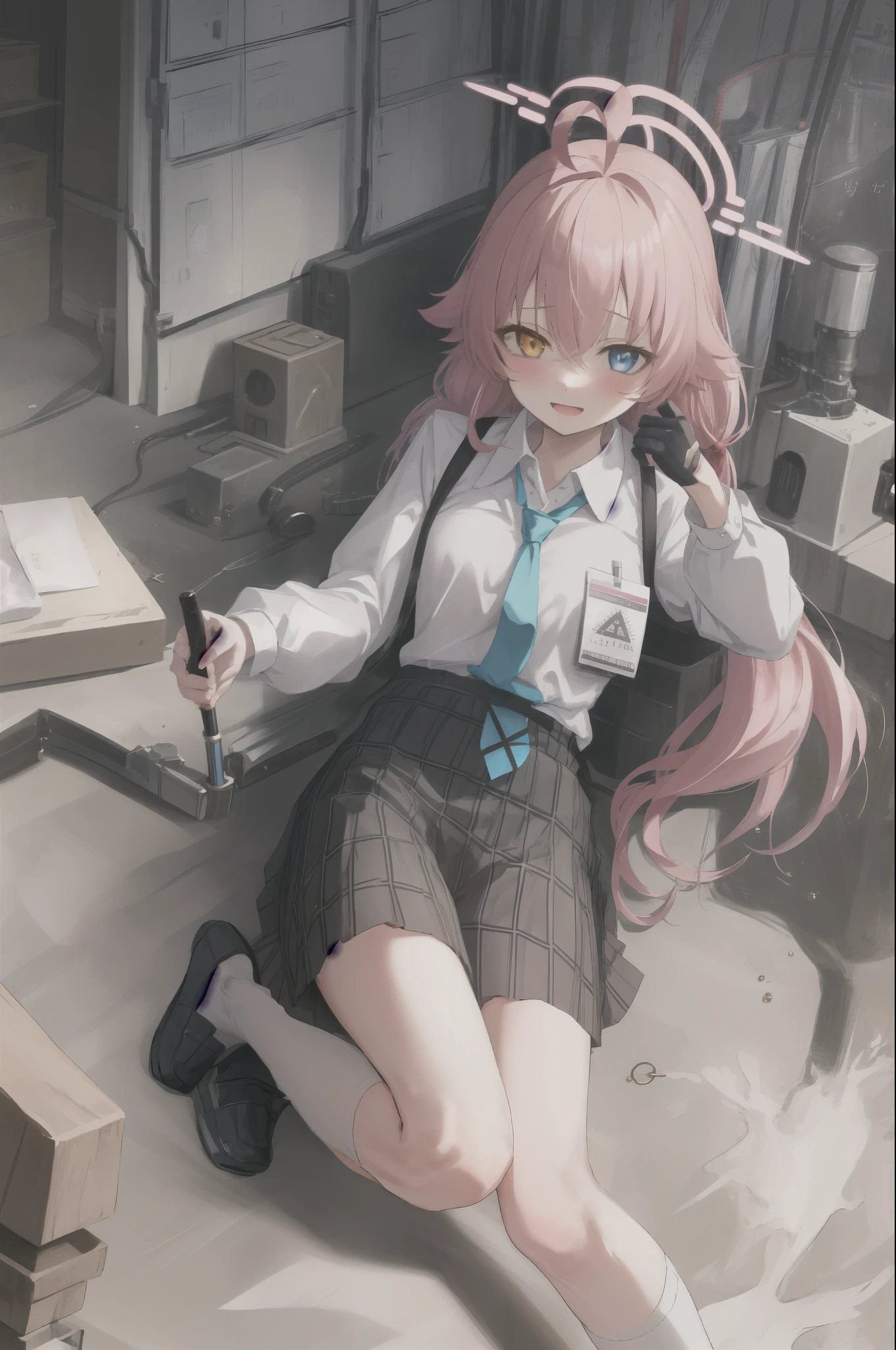 1girl, hoshino (blue archive), solo, heterochromia, pink hair, skirt, long hair, necktie, ahoge, shirt, halo, plaid skirt, blue eyes, plaid, looking at viewer, white shirt, sitting, orange eyes, chest harness, harness, long sleeves, id card, open mouth, very long hair, collared shirt, smile, blue necktie, bangs, feet out of frame, between legs, hand between legs, blush, hair between eyes, highres,masterpiece, best quality