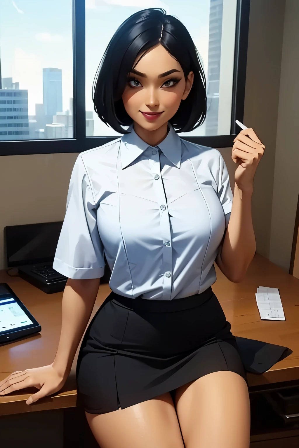 Ultra-detailed,athletic bodies,bob hair,(makeup:1.2), Smile, gazing at viewer, Business attire, Business Suit, Short skirt, white shirt,Office, windows, a desk, computers,