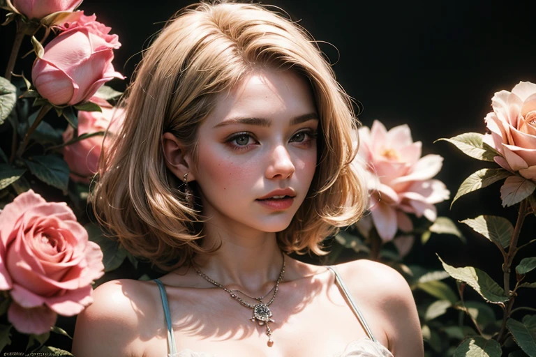 8k, RAW photo, Fujifilm, style photo of a beautiful young woman as avril in a garden of light pink roses (highly detailed skin: 1.2) Style-Petal BREAK short hair, blonde hair with colored locks, wearing a dress, film granulation, 35mm, cute style