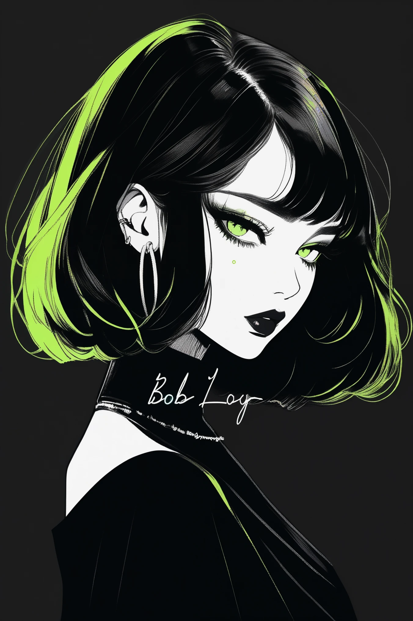 (best quality, sketch:1.2),realistic,illustrator,anime,1 girl, detailed lips, black dress,custom, (background dark monochrome),neon hair,textured cropping, masterpiece, style retro classic, noir dark, art, sketch book, (bob hair black:1.75 neon:1.32), bad women , dark monochrome background 