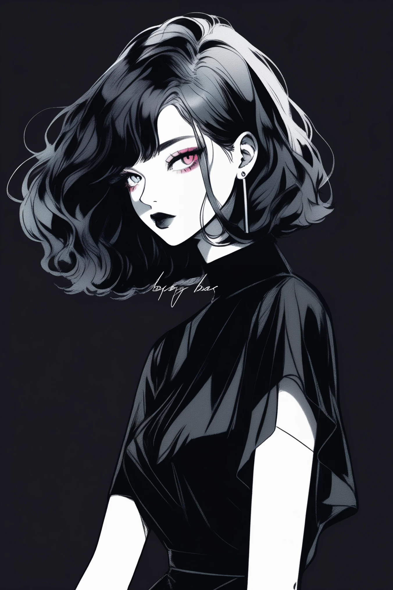 (best quality, sketch:1.2),realistic,illustrator,anime,1 girl, detailed lips, black dress,custom, (background dark monochrome),neon hair,textured cropping, masterpiece, style retro classic, noir dark, art, sketch book, (bob hair black:1.75 neon:1.32), bad women , dark monochrome background 