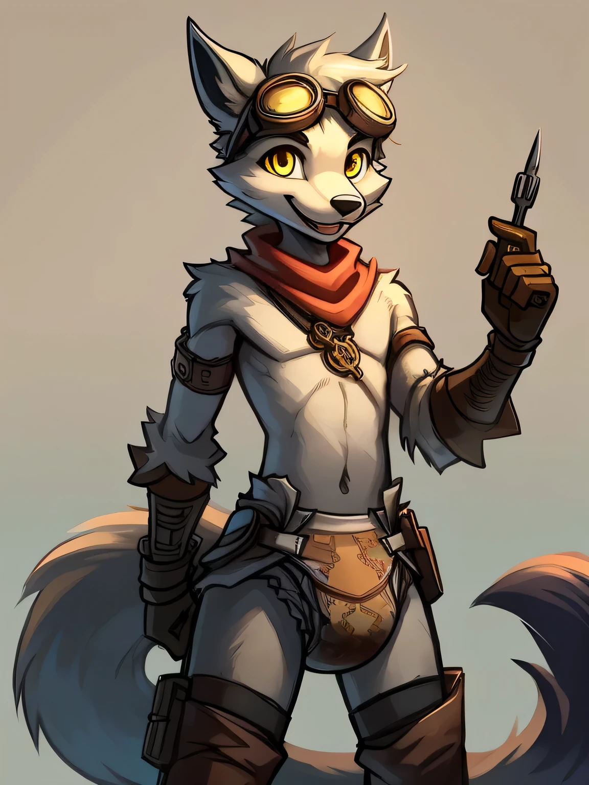 Male, arctic wolf, detailed yellow eyes, long tail, tinkerer, slim, sly, simple background, detailed plain diaper, tools, artificer, happy, goggles on head, steampunk