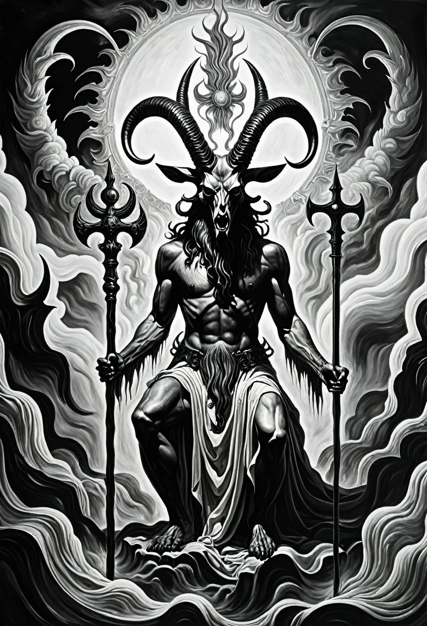 a surreal black and white oil painting of evil Baphomet in hell