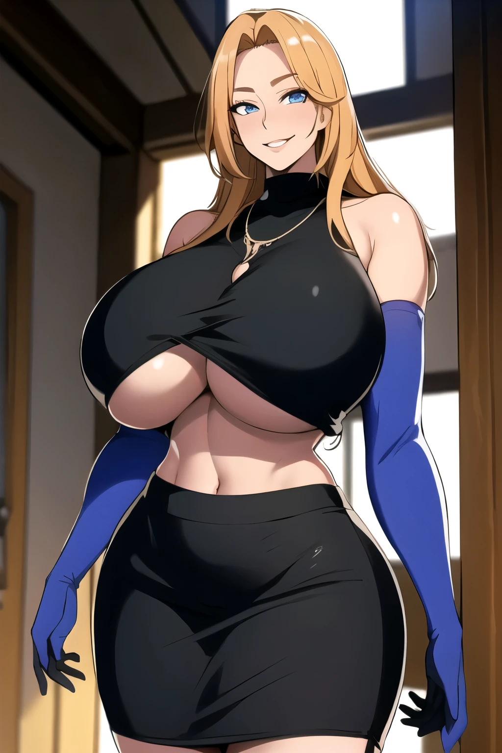 masterpiece, best quality, matsumoto rangiku, beautiful lighting, long hair, turtleneck, crop top, pencil skirt, underboob, necklace, gigantic breasts, standing, looking at viewer, blue eyes, smile, japanese architecture, cowboy shot, shiny skin, gigantic breasts, curvy, seductive smile, bare shoulders, elbow gloves