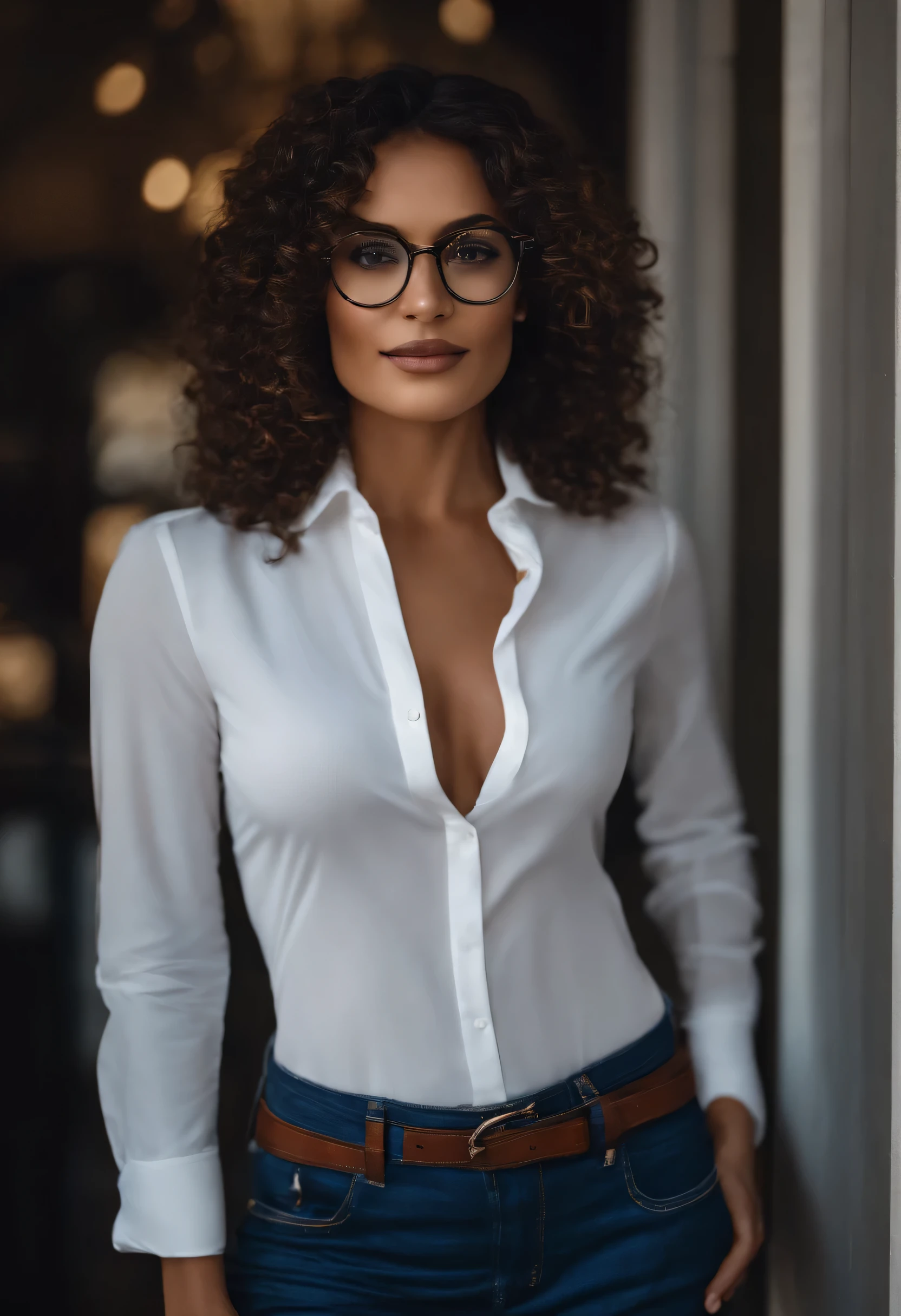Pharmacist in white shirt and dark blue jeans, Wears round glasses, pele branca, cabelo curto cor marrom