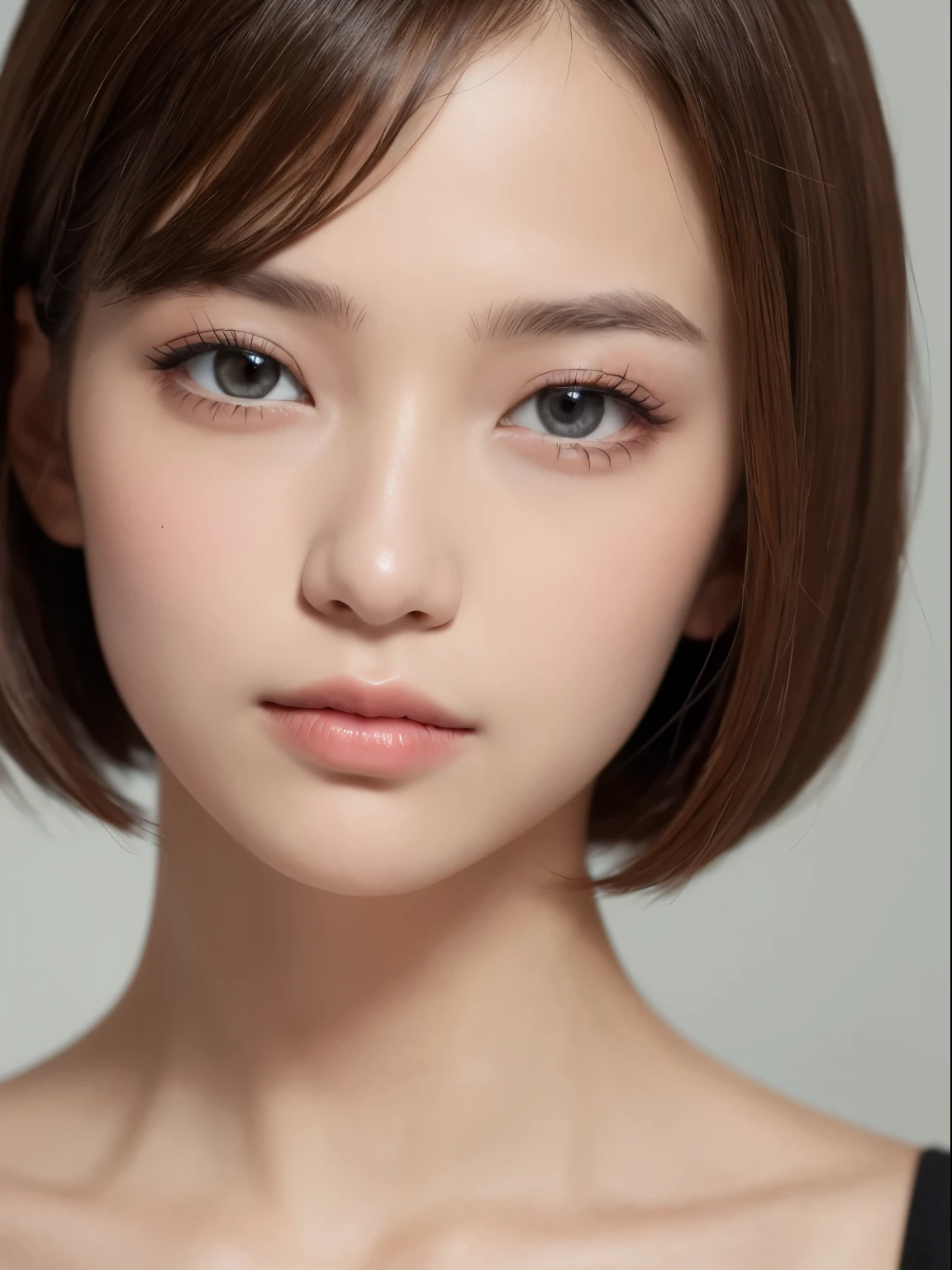 ((close-up photo of face:1.4))、(masterpiece:1.5)、(8K)、(Photoreal:1.5)、Raw photo、(best image quality:1.4)、(sharp focus:1.5)、 highest quality、masterpiece、超A high resolution、perfect dynamic composition、 20-year-old、thin、Beautiful woman:1.4、serious expression、 in the living room、wearing a camisole、 light brown hair、bob cut、shining hair、 super detail face、detailed eye、double eyelid、 natural color lip、transparent skin、